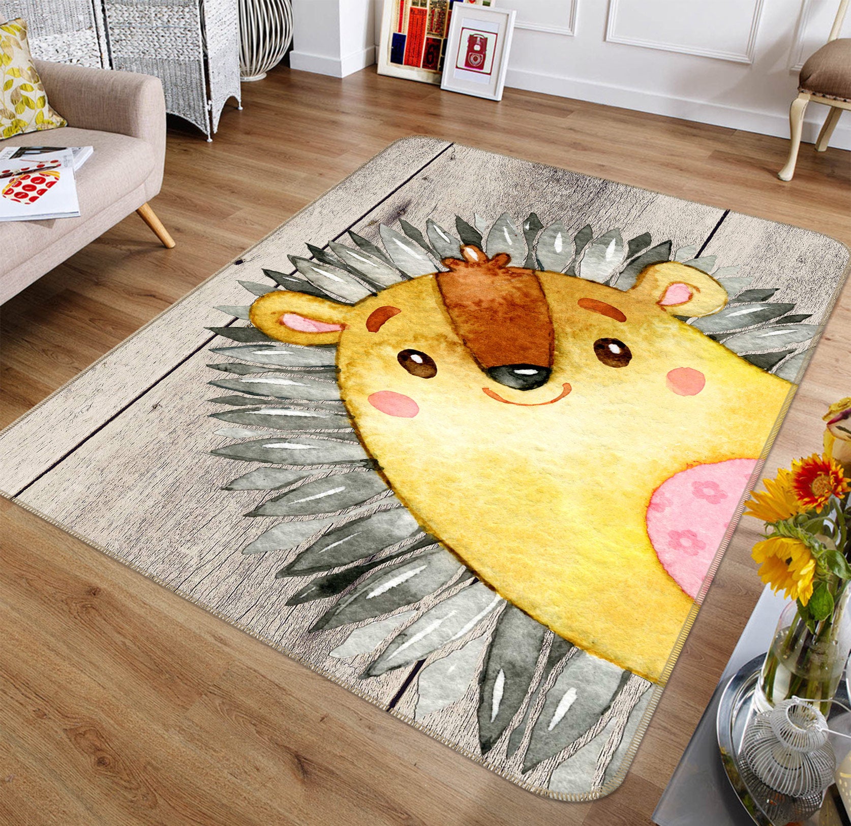 3D Yellow Hedgehog 135 Uta Naumann Rug Non Slip Rug Mat