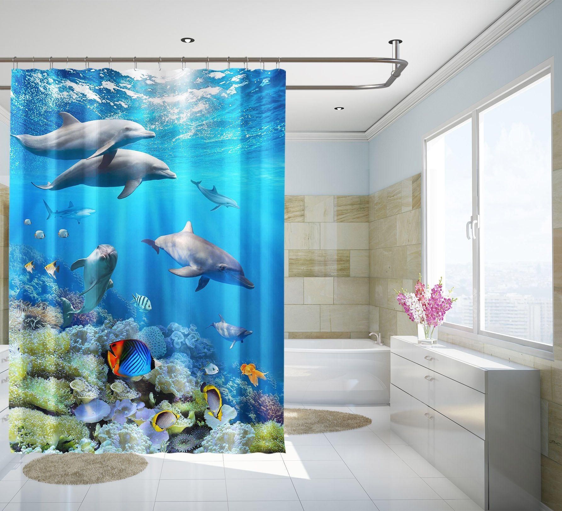 3D Coral Dolphin Fish 070 Shower Curtain 3D Shower Curtain AJ Creativity Home 