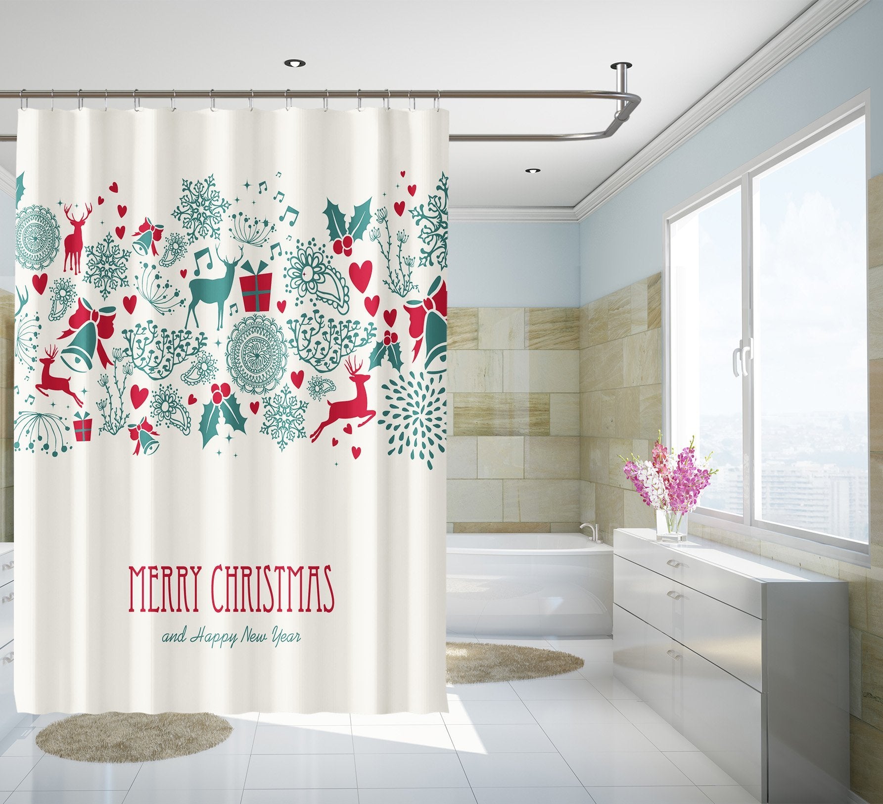 3D Deer Bell Gift 082 Shower Curtain 3D Shower Curtain AJ Creativity Home 