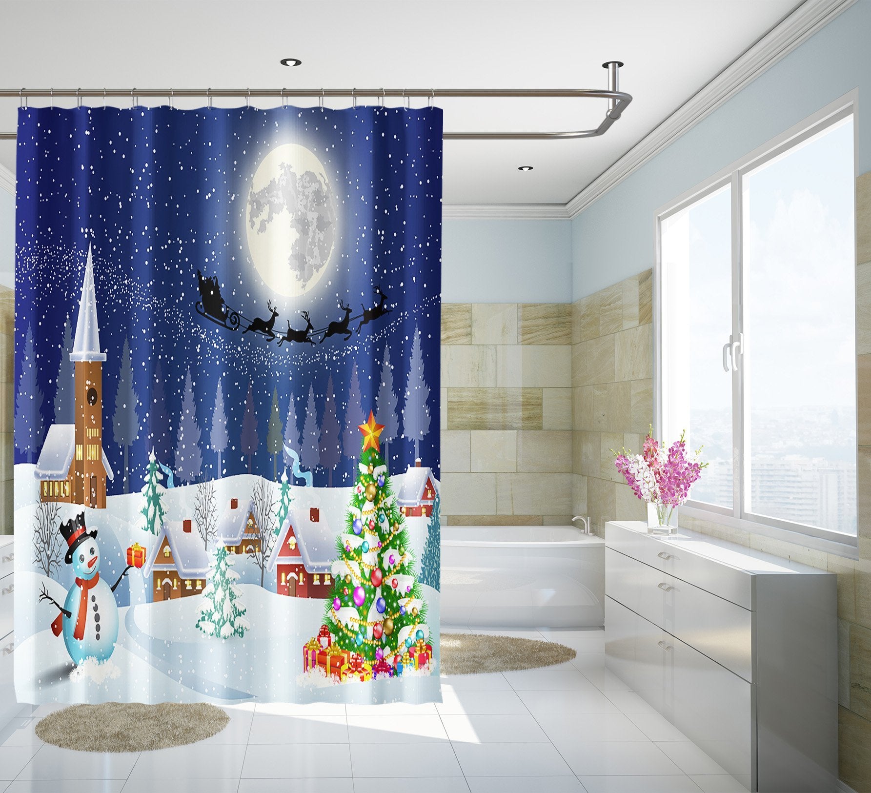 3D Moon Snowman 102 Shower Curtain 3D Shower Curtain AJ Creativity Home 