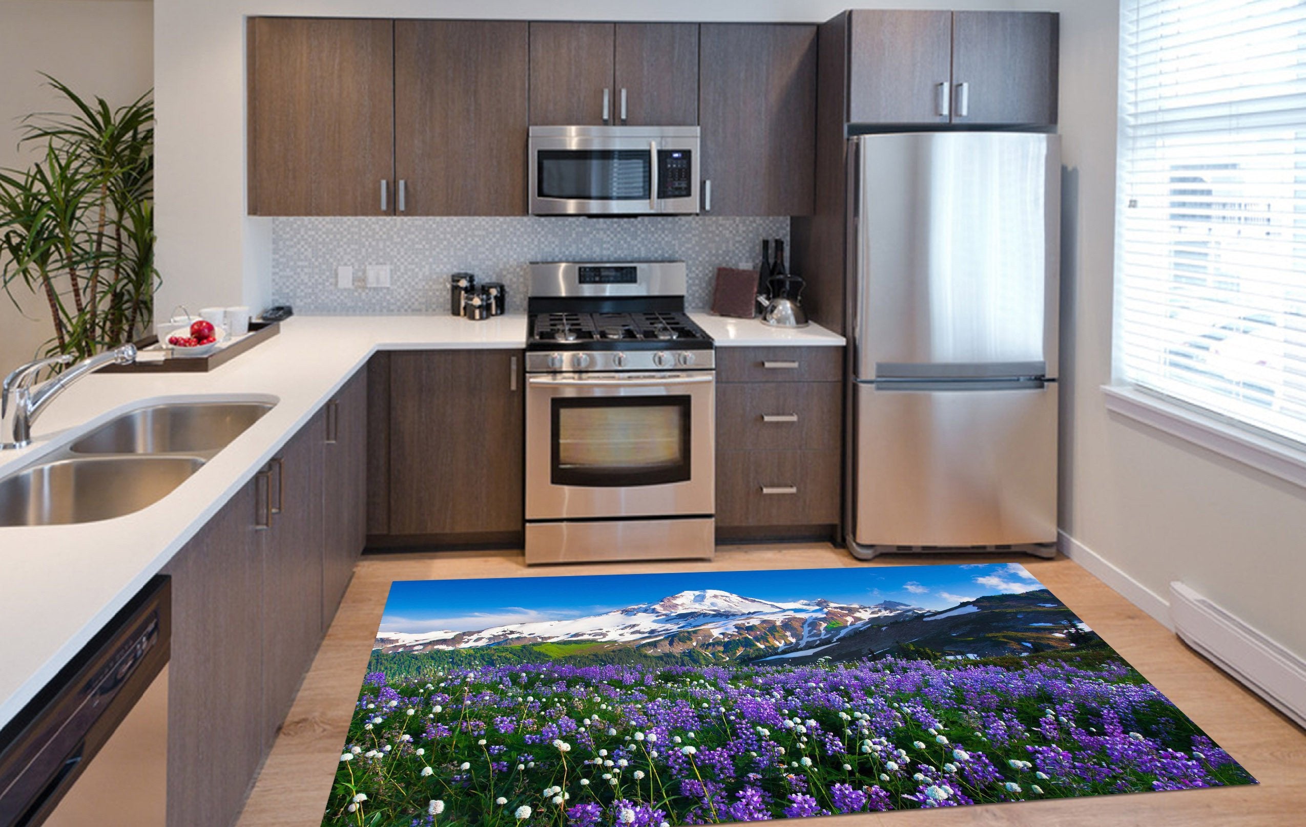 3D Snow Mountain Flowers Kitchen Mat Floor Mural Wallpaper AJ Wallpaper 