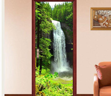 3D waterfall mountain green trees door mural Wallpaper AJ Wallpaper 