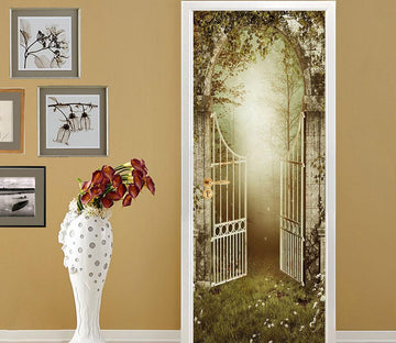 3D iron gate sunshine the green grass door mural Wallpaper AJ Wallpaper 