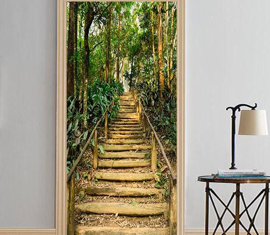 3D wooden stairs in the woods door mural Wallpaper AJ Wallpaper 