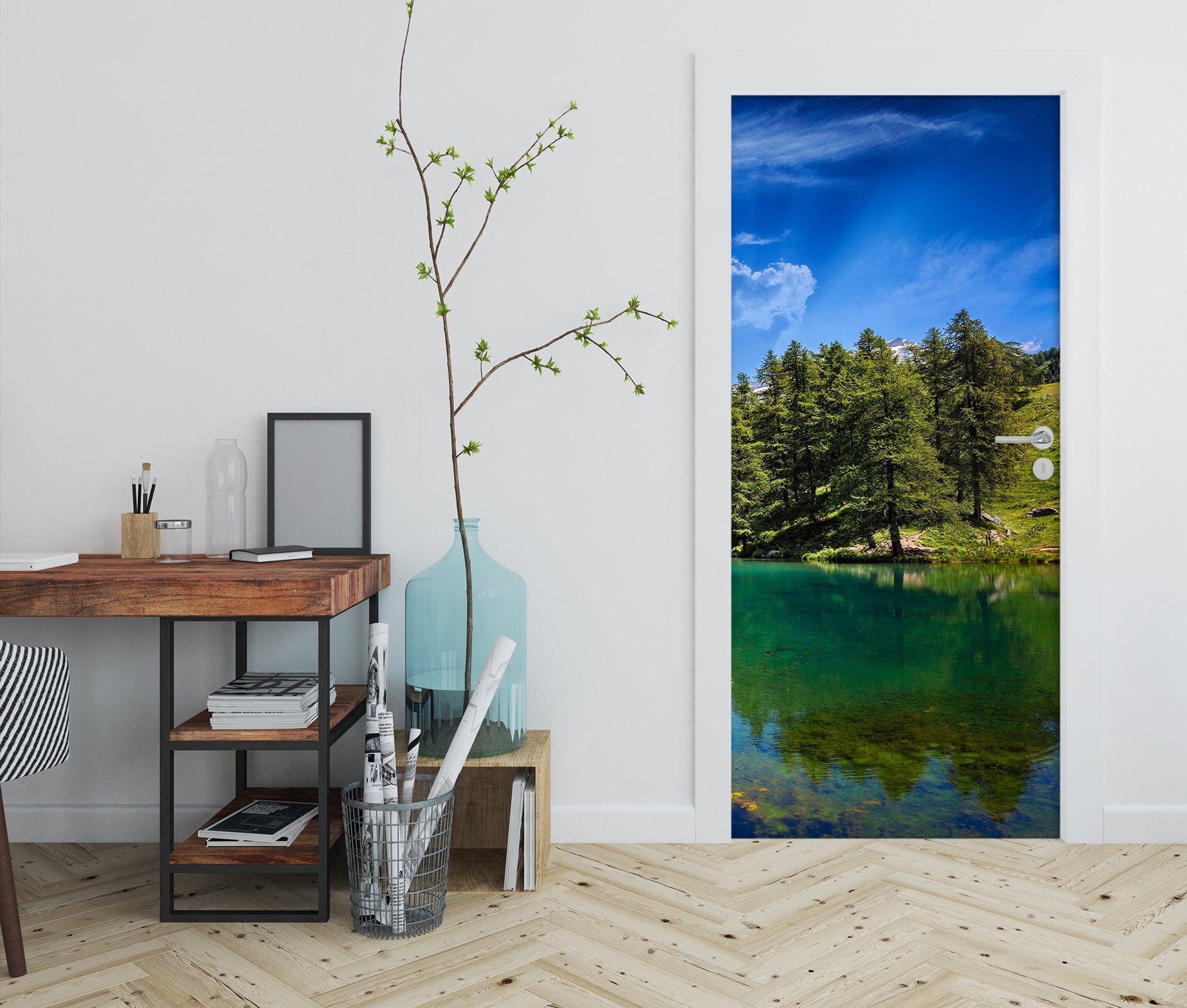 3D Blue Sky Trees Lake 11438 Marco Carmassi Door Mural