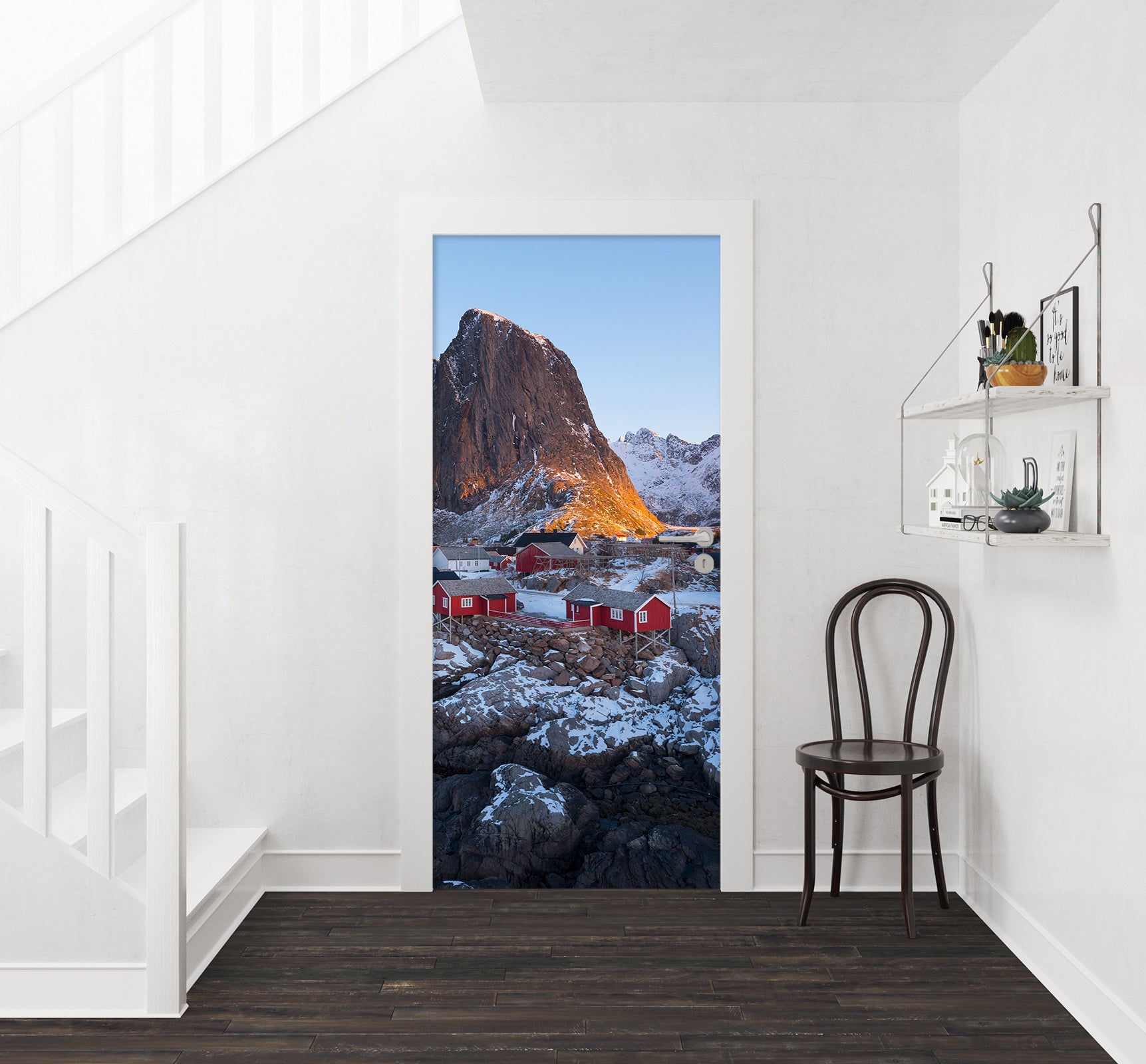 3D Snow Rock Red Cabin 119182 Marco Carmassi Door Mural