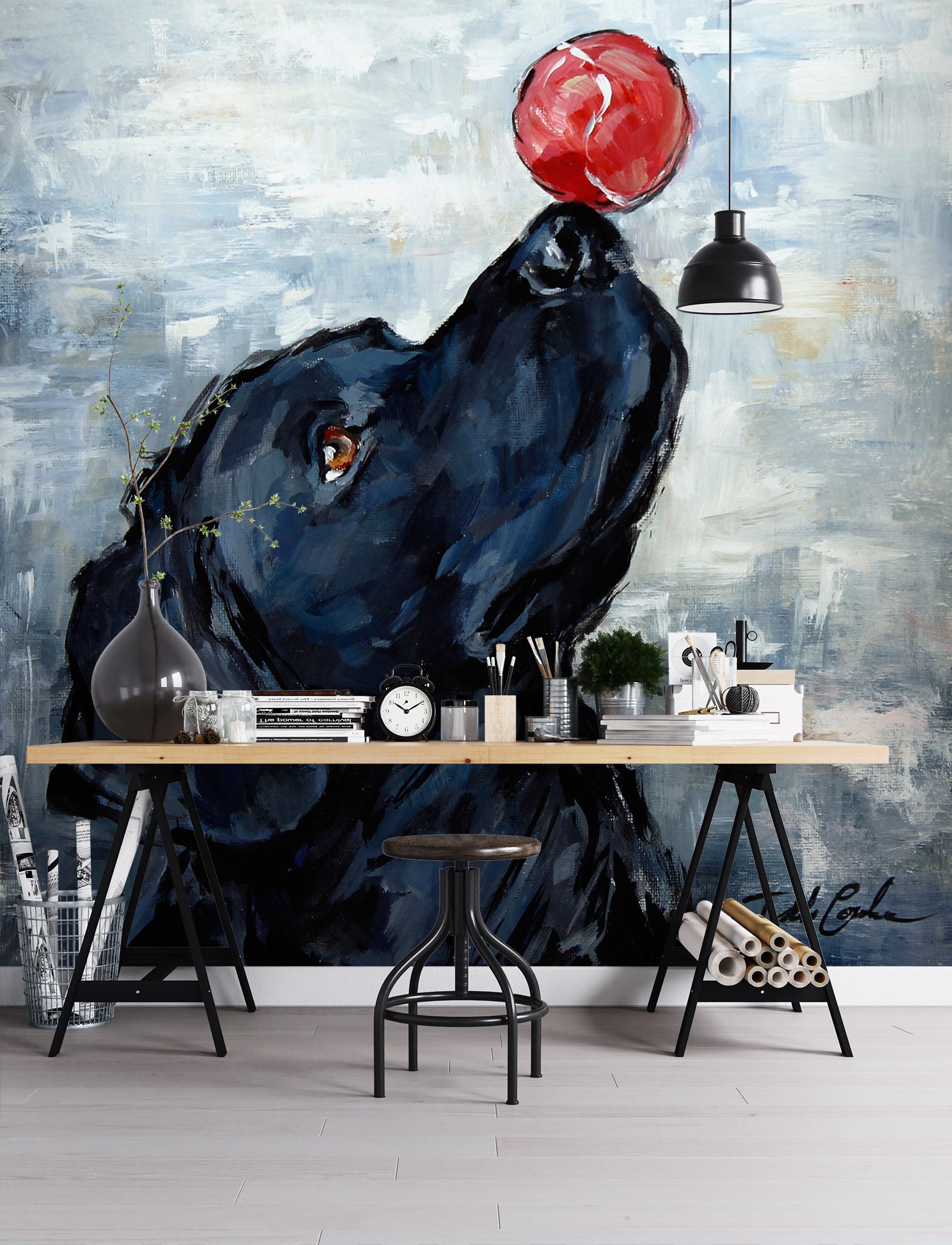 3D Black Dog Red Ball 3107 Debi Coules Wall Mural Wall Murals