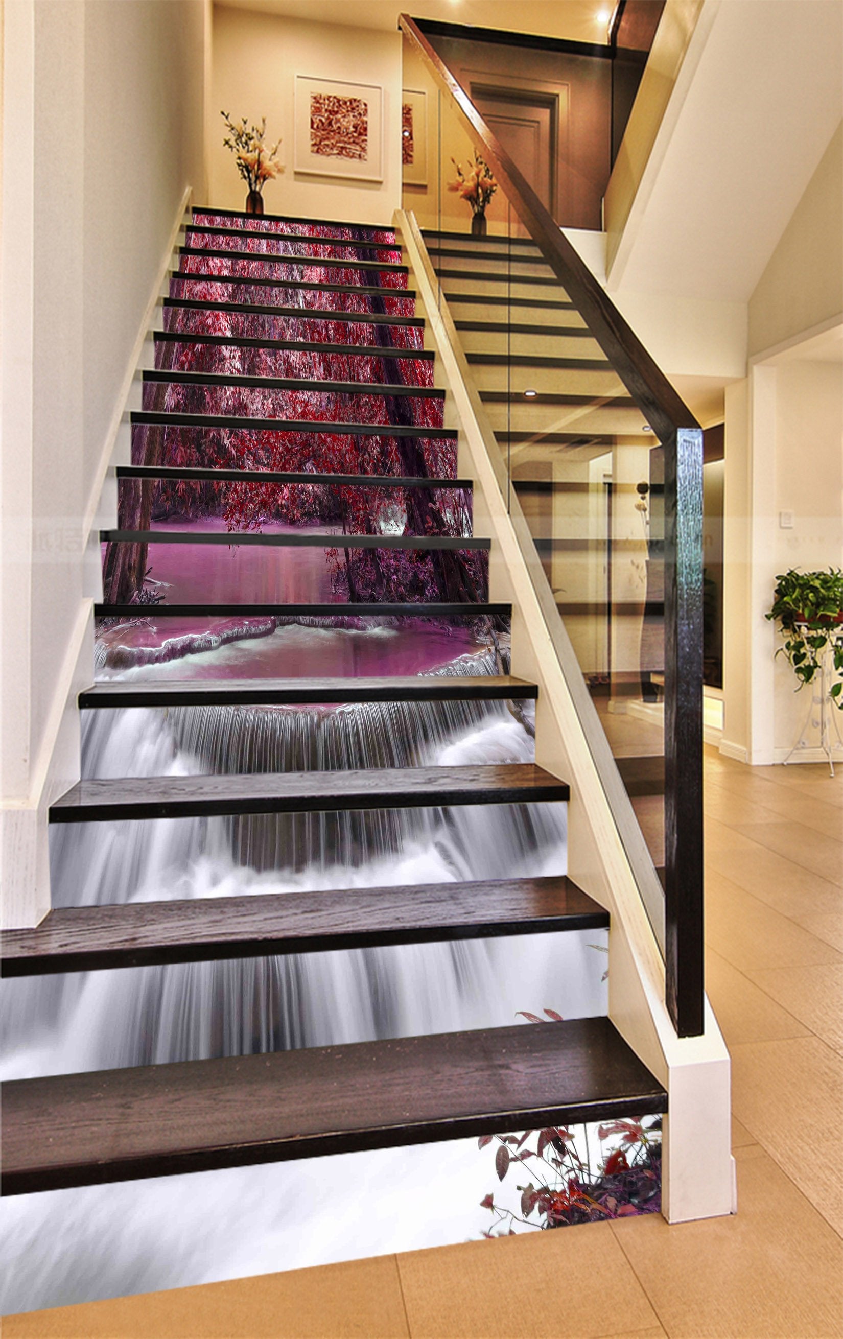 3D River Falls Red Trees 893 Stair Risers Wallpaper AJ Wallpaper 