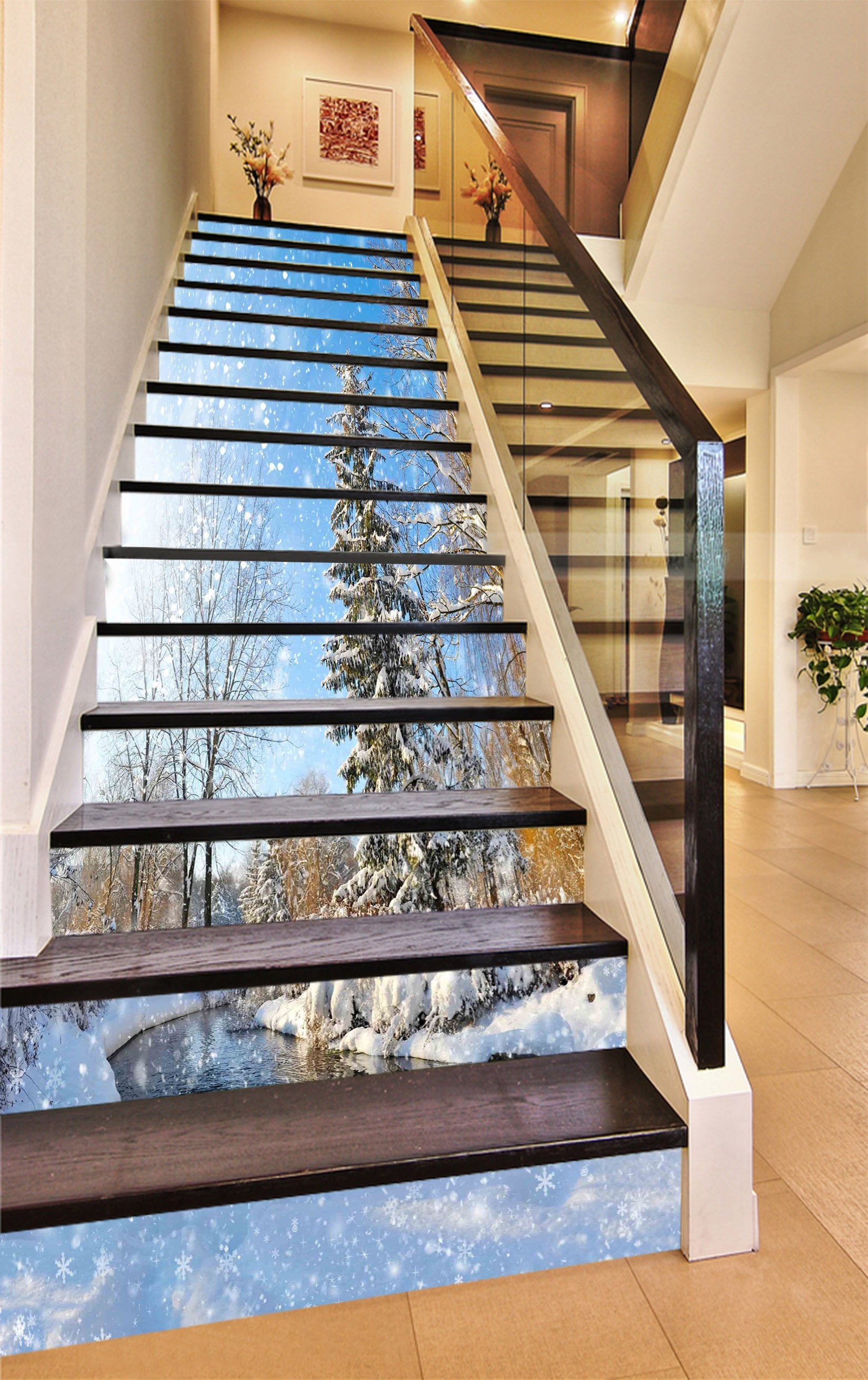 3D Snowing Forest River 1194 Stair Risers Wallpaper AJ Wallpaper 