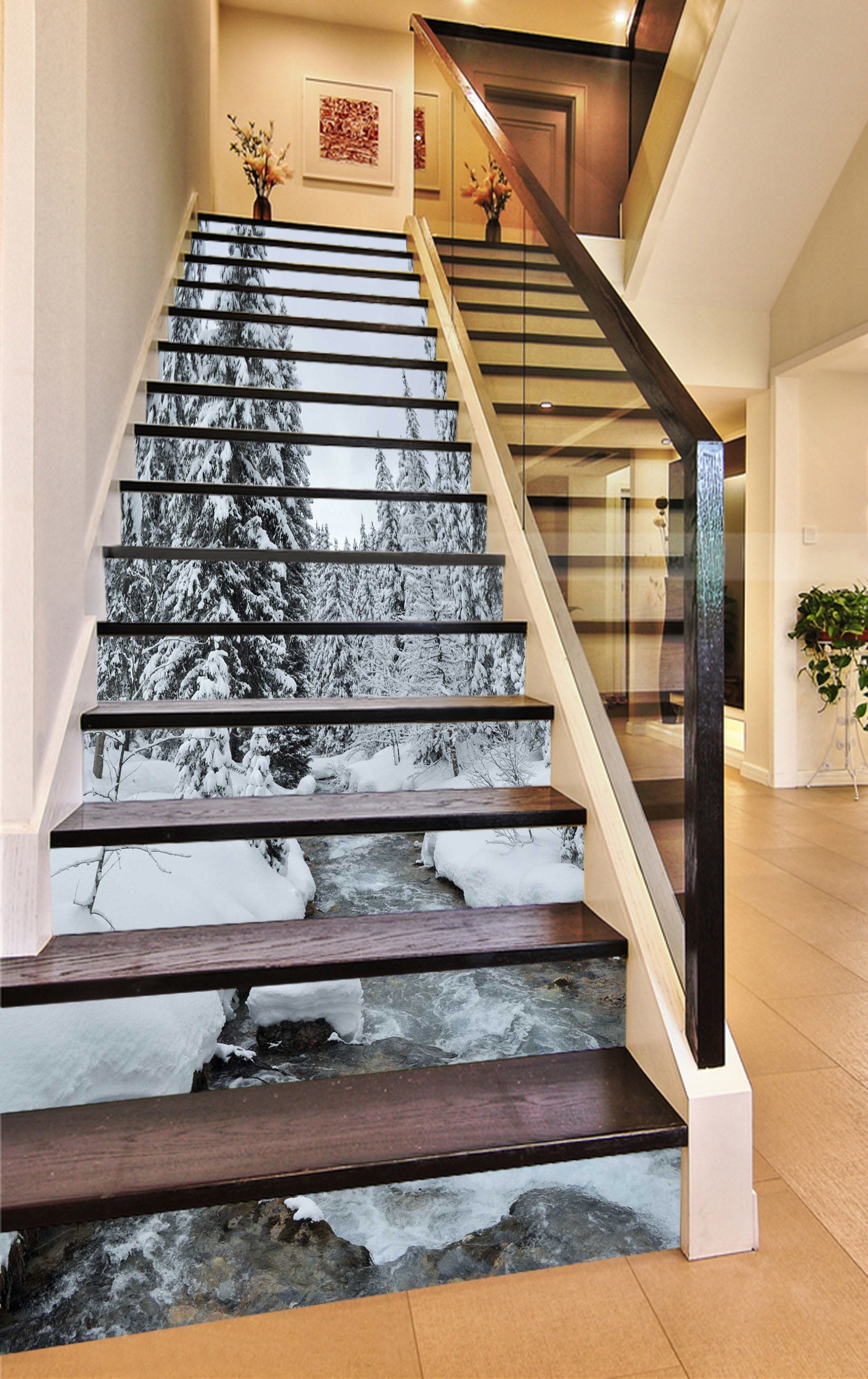 3D Snow Forest River 747 Stair Risers Wallpaper AJ Wallpaper 