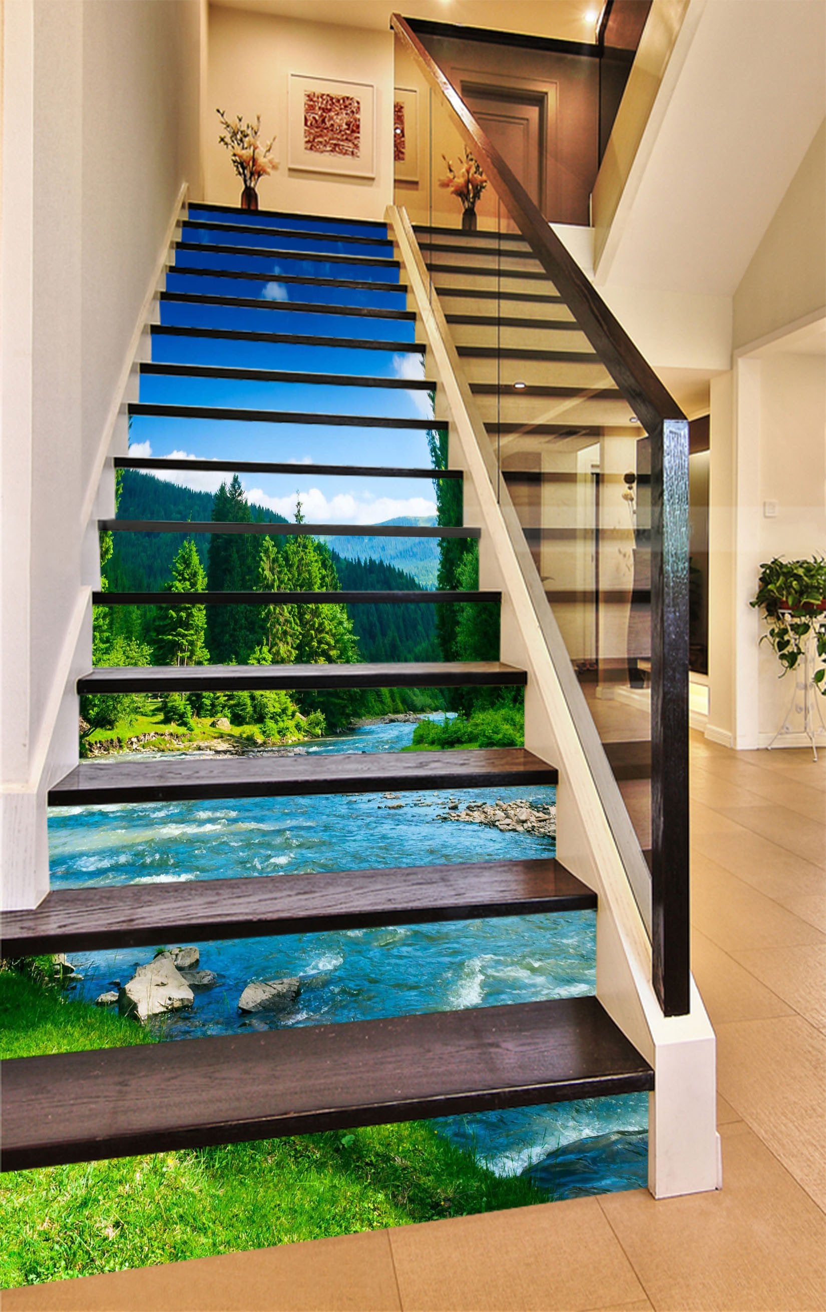 3D Green Mountain River 1029 Stair Risers Wallpaper AJ Wallpaper 