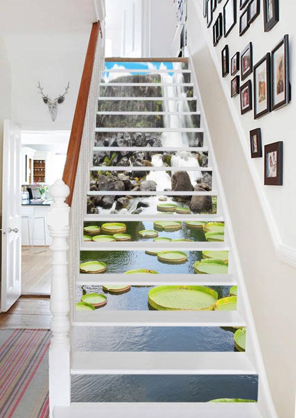 3D Waterfall Lake Plants 570 Stair Risers Wallpaper AJ Wallpaper 