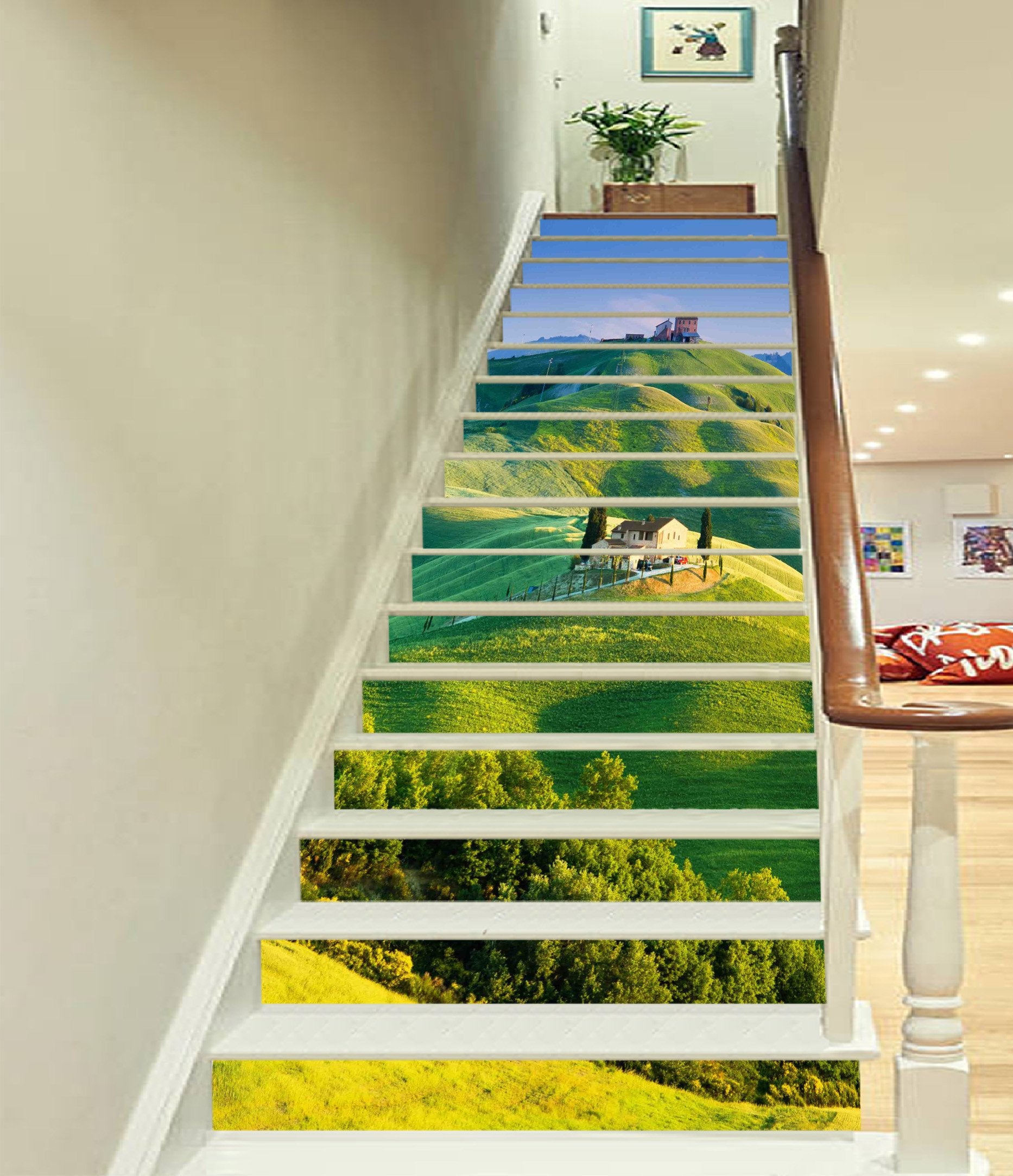 3D Green Mountain Village 845 Stair Risers Wallpaper AJ Wallpaper 