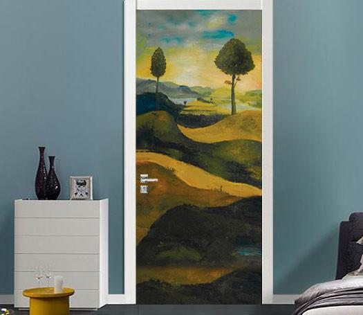 3D setting sun the tree grassland painting door mural Wallpaper AJ Wallpaper 