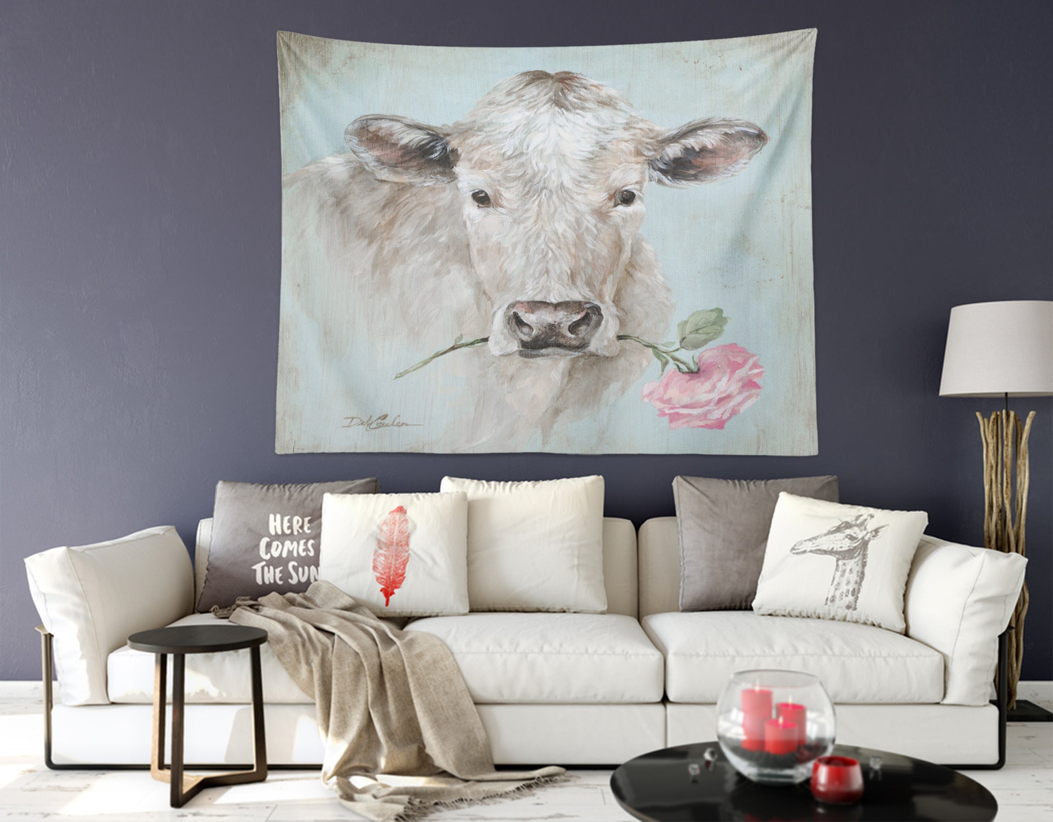 3D Cow With Flowers 111196 Debi Coules Tapestry Hanging Cloth Hang