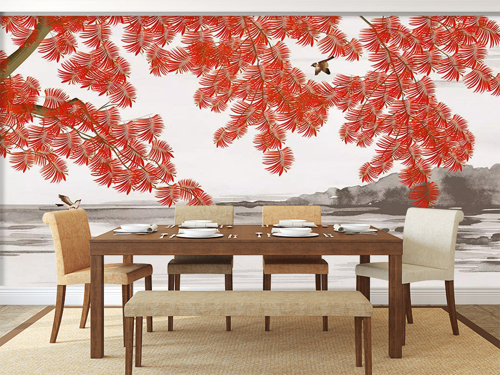 3D Red Leaves Bird WC414 Wall Murals