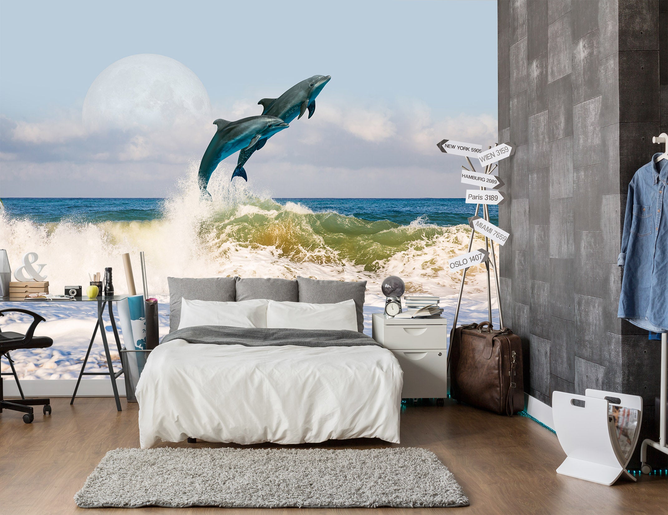 3D Moon Dolphin 237 Wall Murals