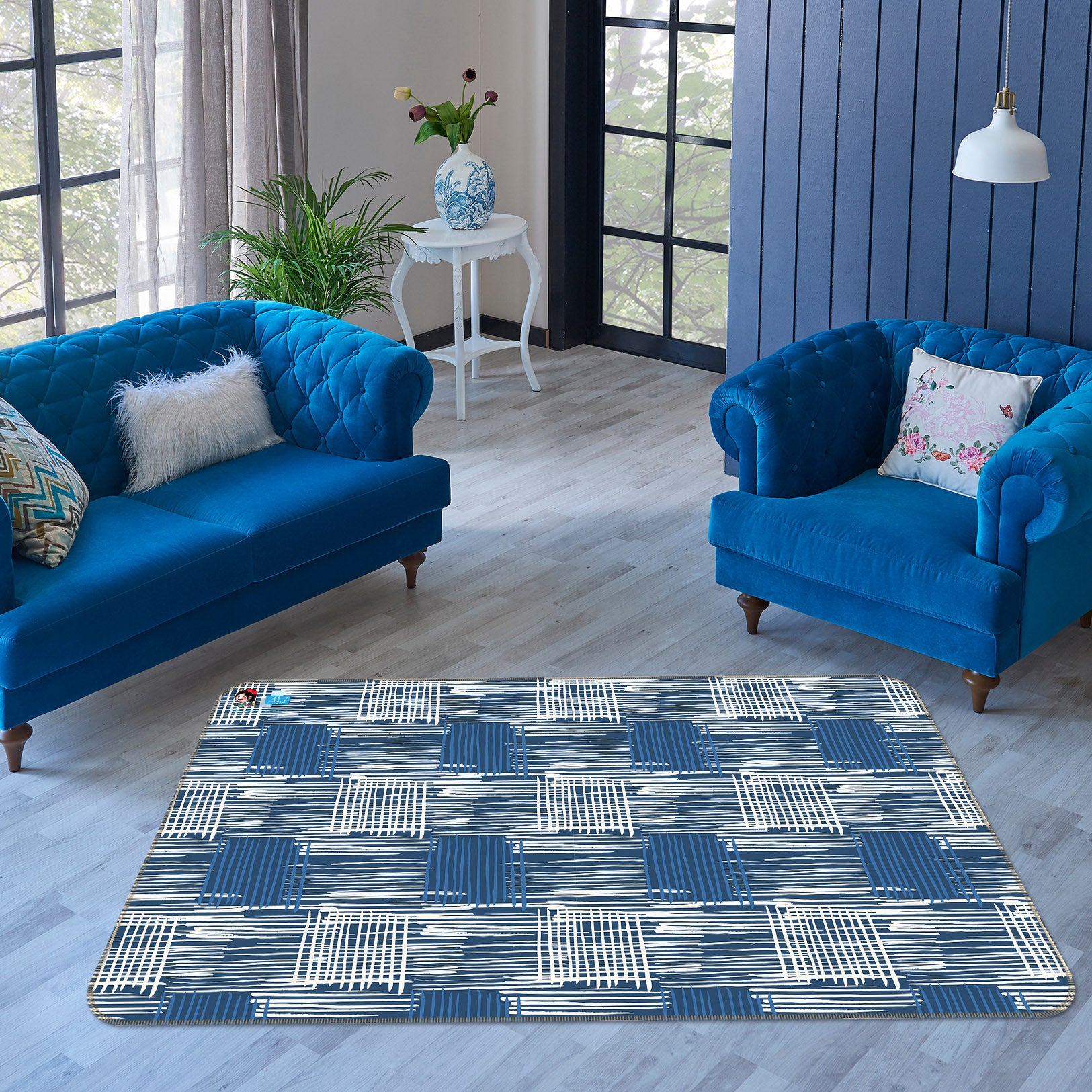 3D Blue White Stripes 10777 Kashmira Jayaprakash Rug Non Slip Rug Mat