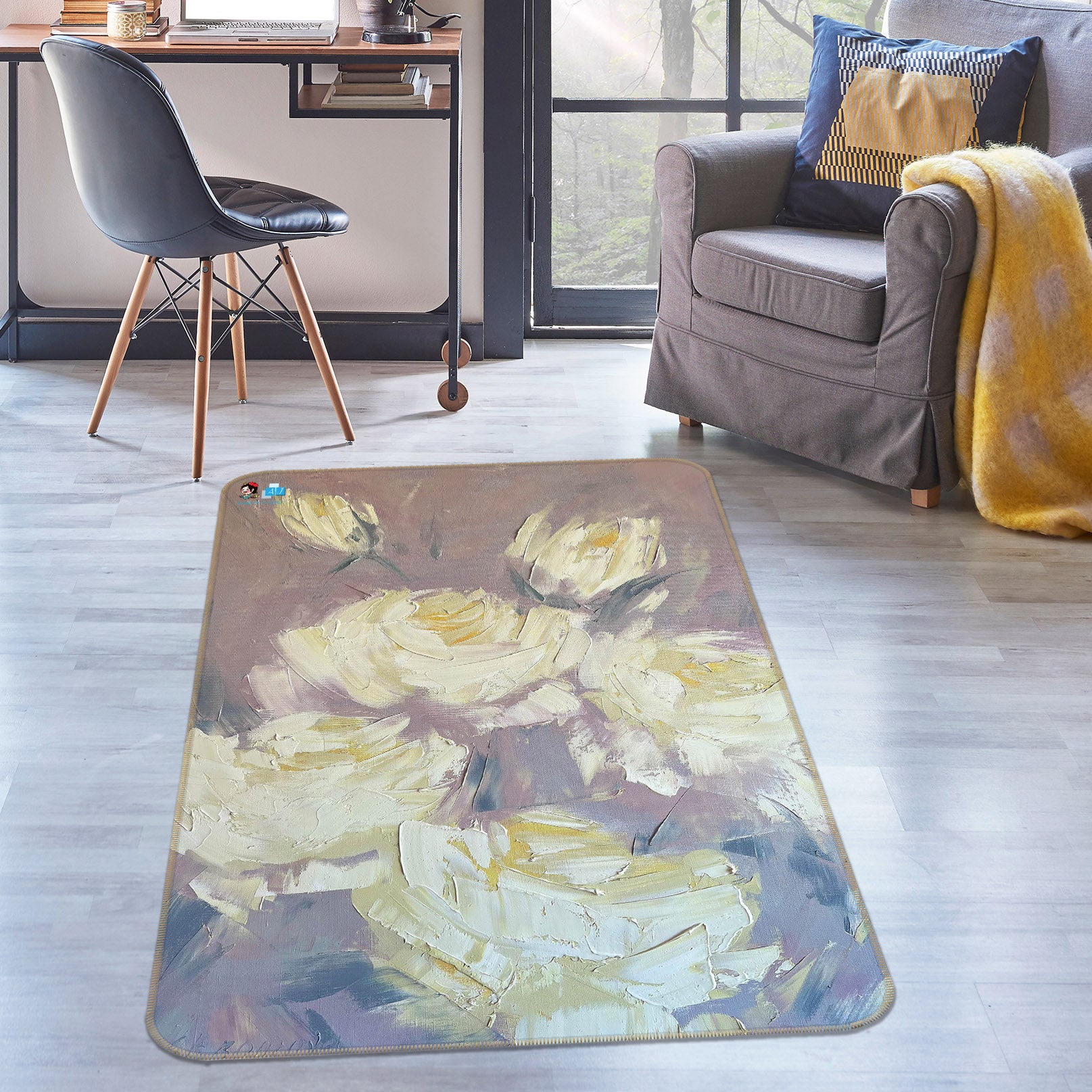 3D White Rose 3852 Skromova Marina Rug Non Slip Rug Mat