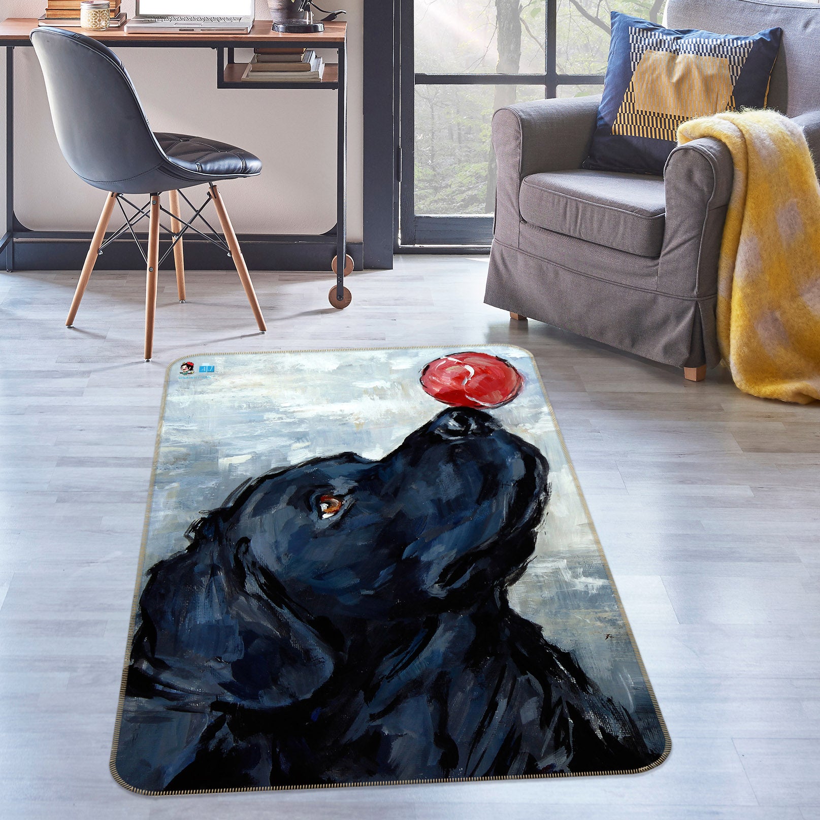 3D Black Dog Red Ball 0176 Debi Coules Rug Non Slip Rug Mat