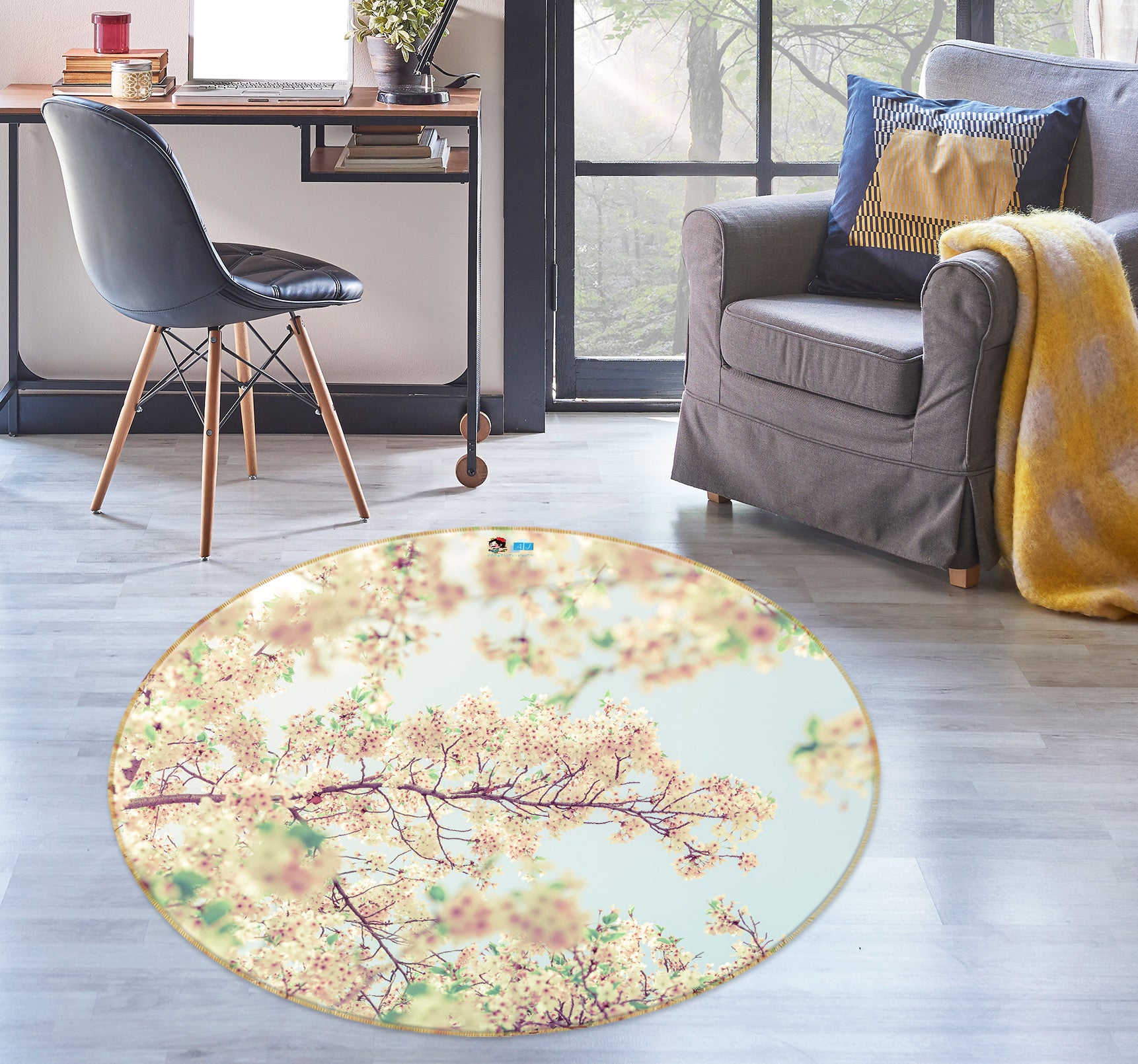 3D Flower Branch 7541 Assaf Frank Rug Round Non Slip Rug Mat