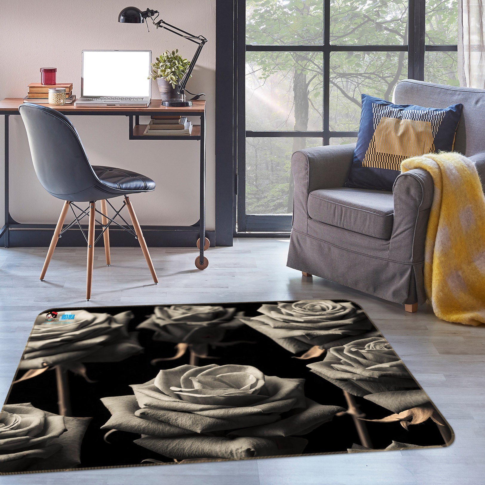 3D Gray Rose 6717 Assaf Frank Rug Non Slip Rug Mat