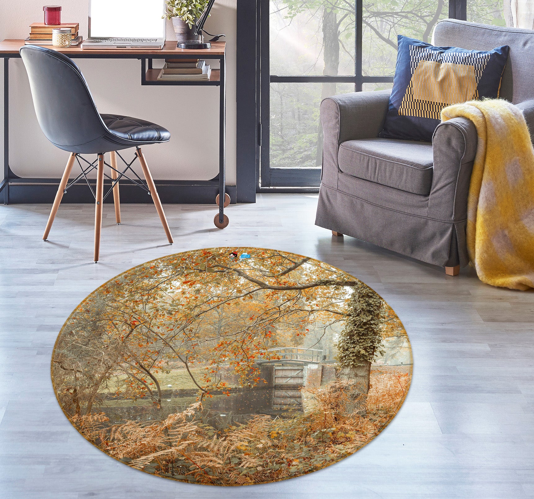 3D Yellow Branch 7365 Assaf Frank Rug Round Non Slip Rug Mat