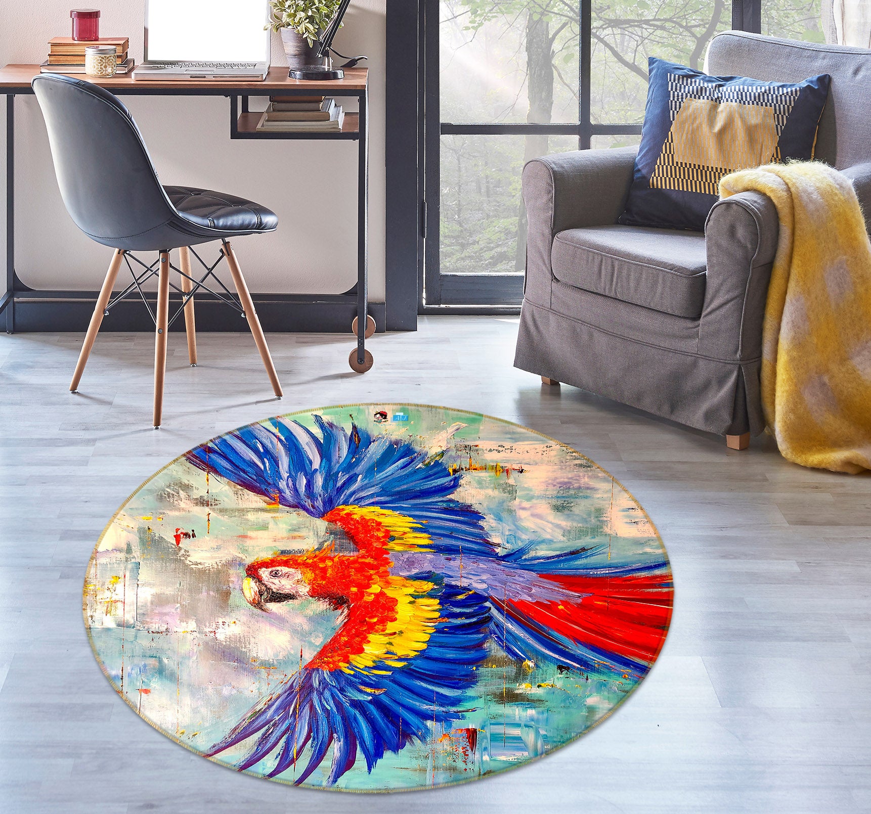 3D Watercolor Parrot 837 Skromova Marina Rug Round Non Slip Rug Mat