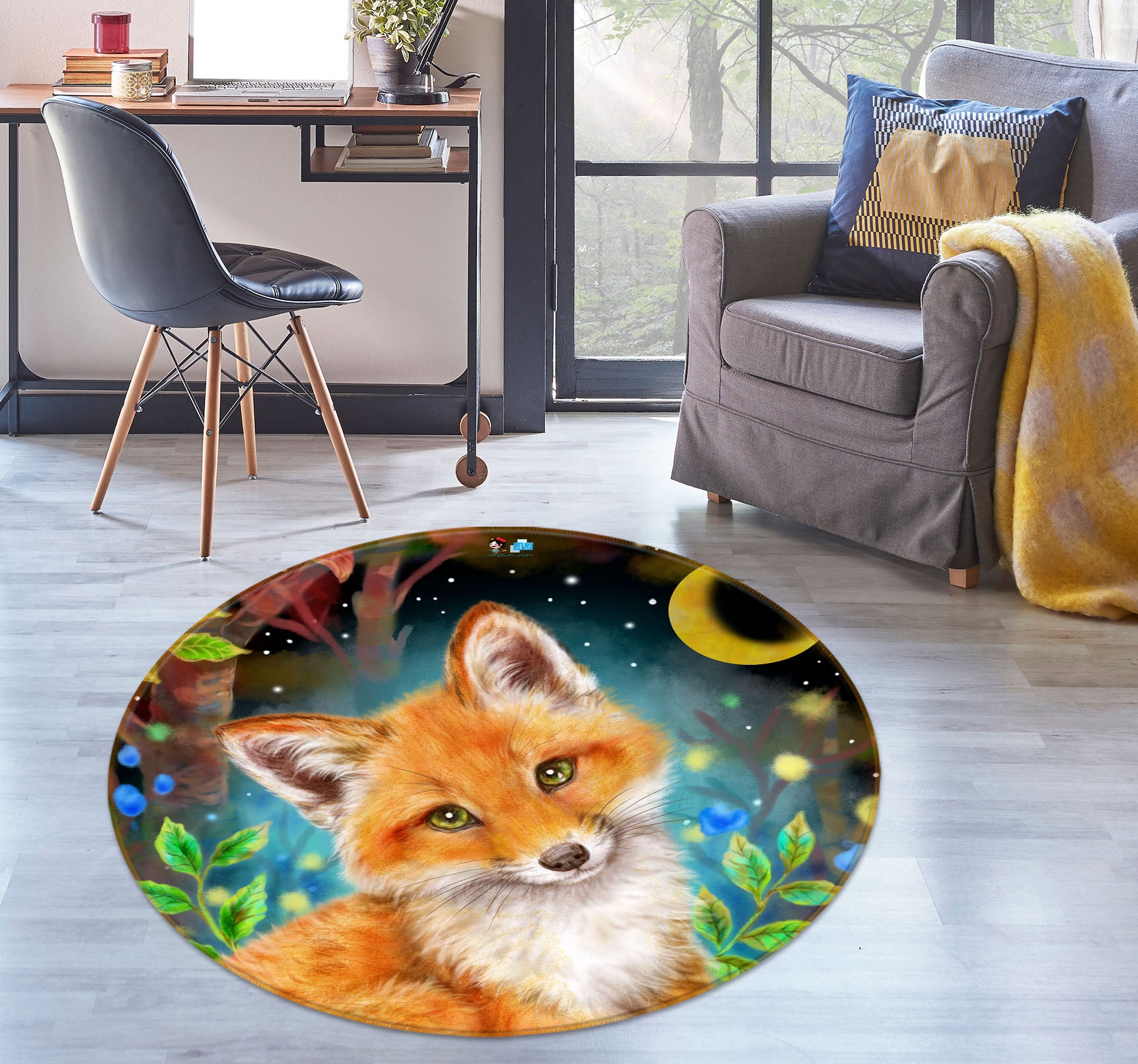 3D Orange Fox Moon 6027 Kayomi Harai Rug Round Non Slip Rug Mat