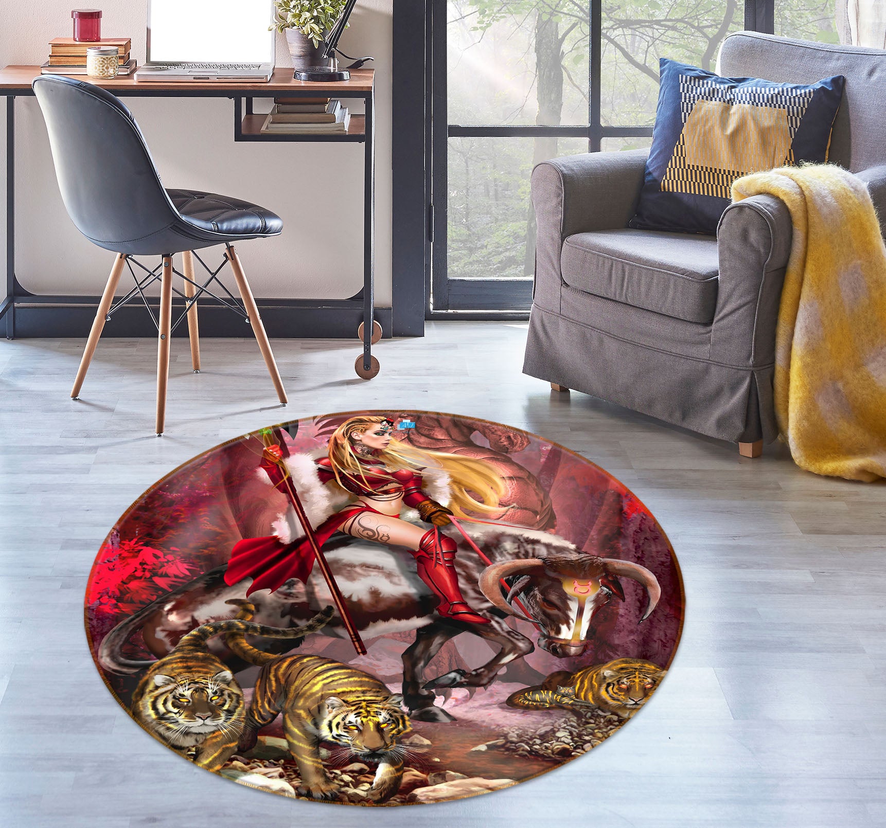 3D Woman Tiger 8391 Ruth Thompson Rug Round Non Slip Rug Mat