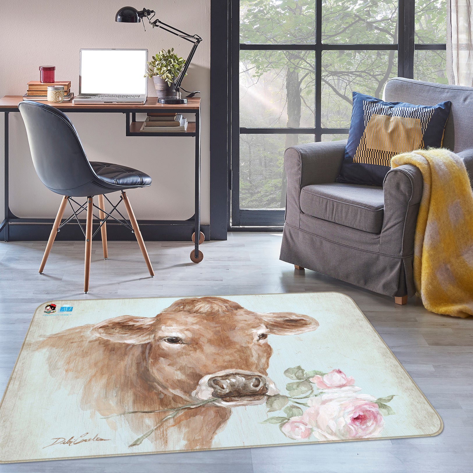 3D Cow And Flower 0200 Debi Coules Rug Non Slip Rug Mat