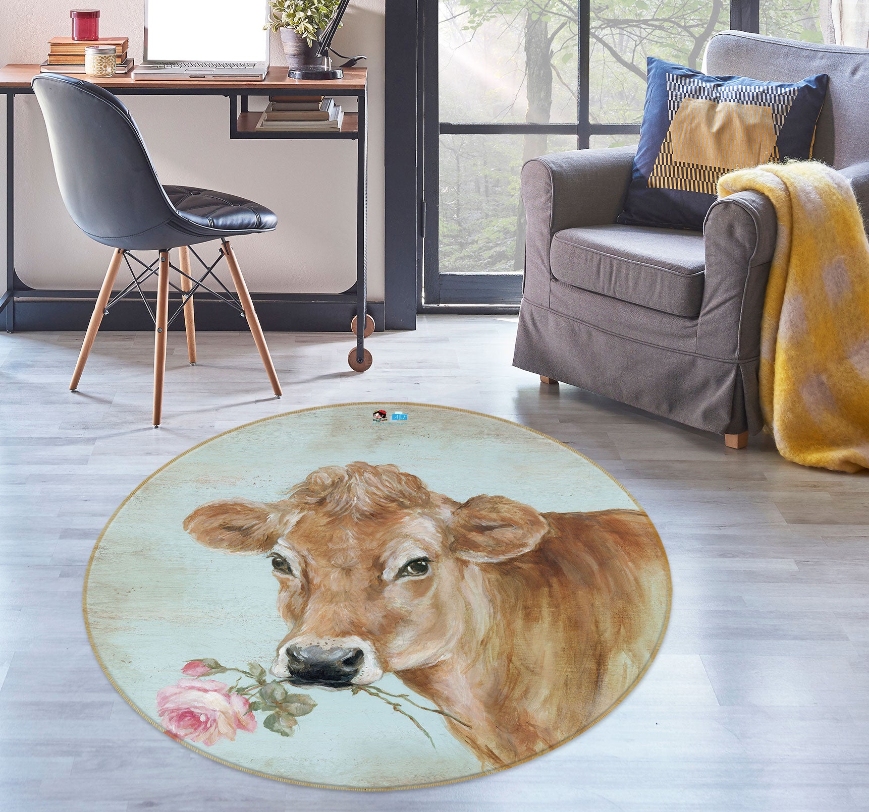 3D Flower Cattle 1181 Debi Coules Rug Round Non Slip Rug Mat