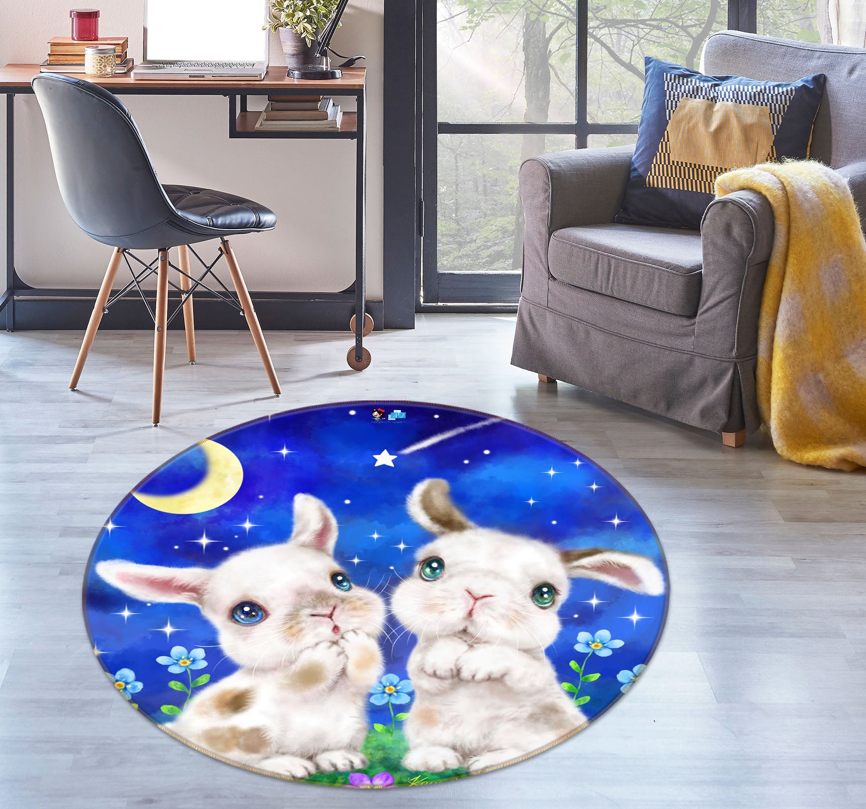 3D Moon Petals Bunny 6013 Kayomi Harai Rug Round Non Slip Rug Mat