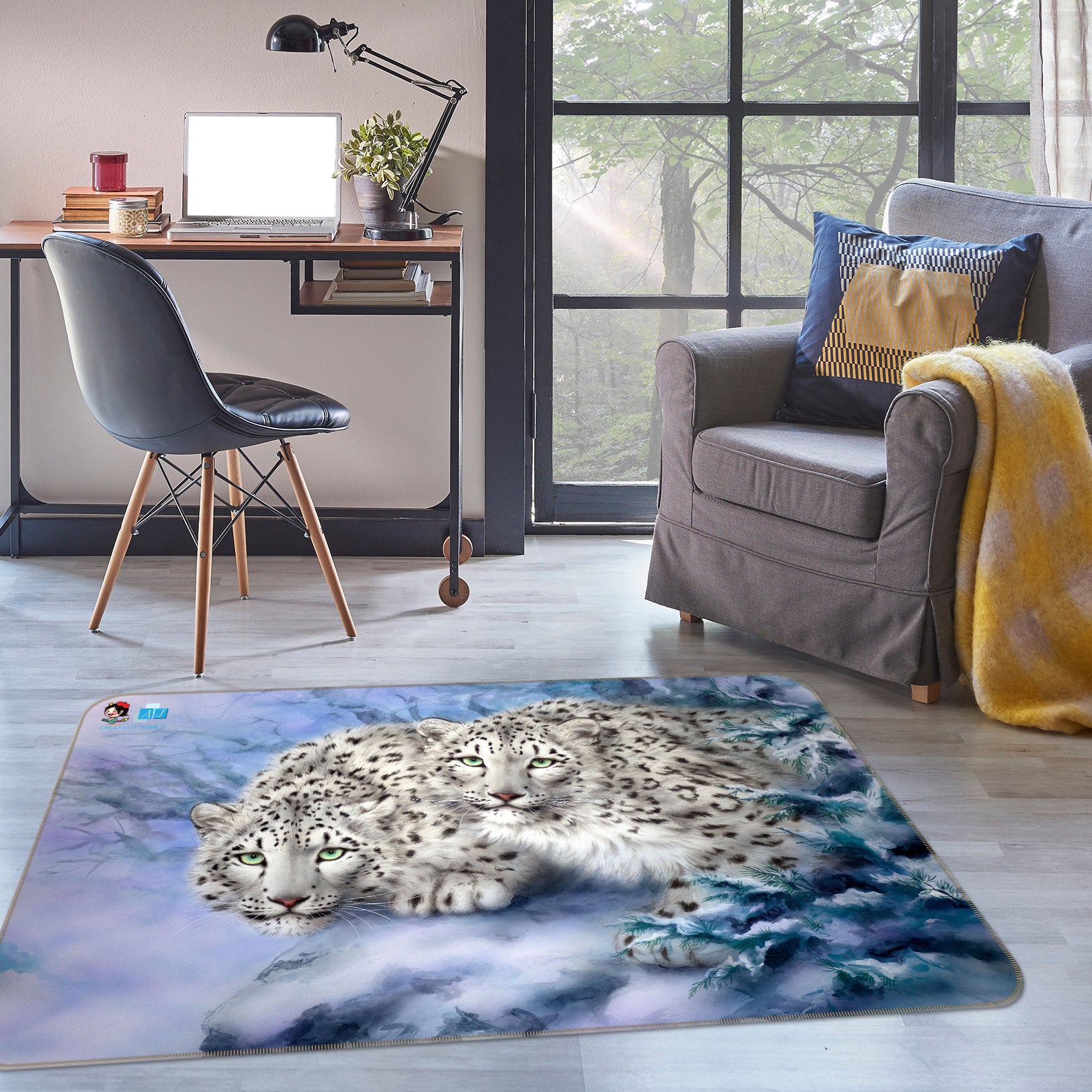 3D Snow Leopard 5660 Kayomi Harai Rug Non Slip Rug Mat