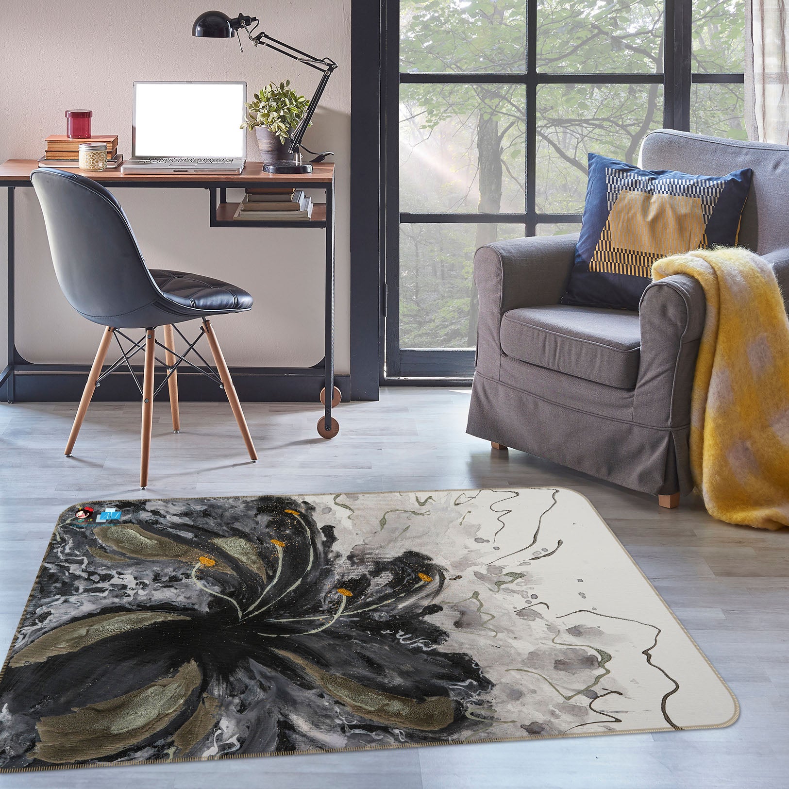 3D Black Ink Flower 1209 Skromova Marina Rug Non Slip Rug Mat