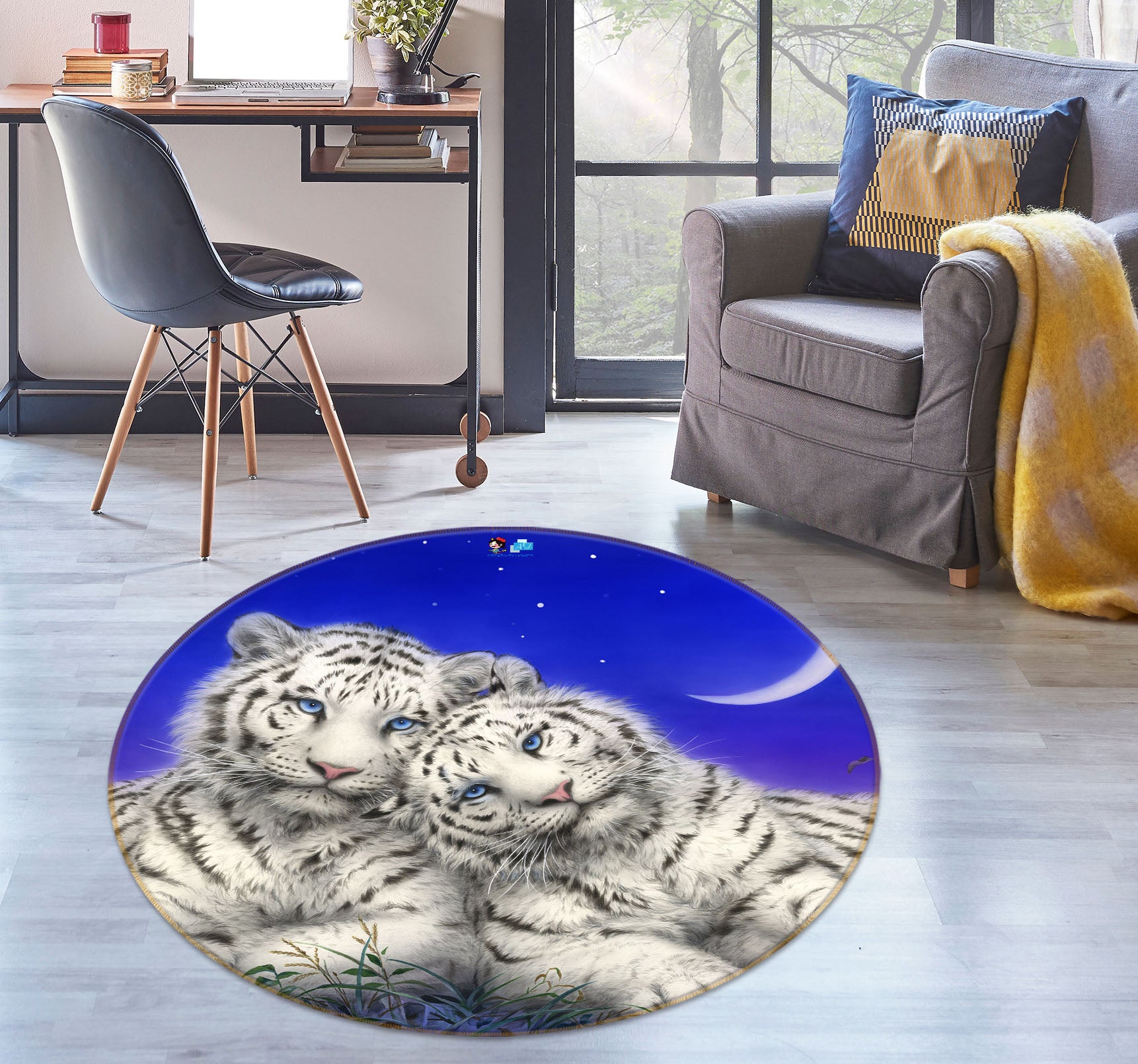 3D White Tiger Moon 6063 Kayomi Harai Rug Round Non Slip Rug Mat