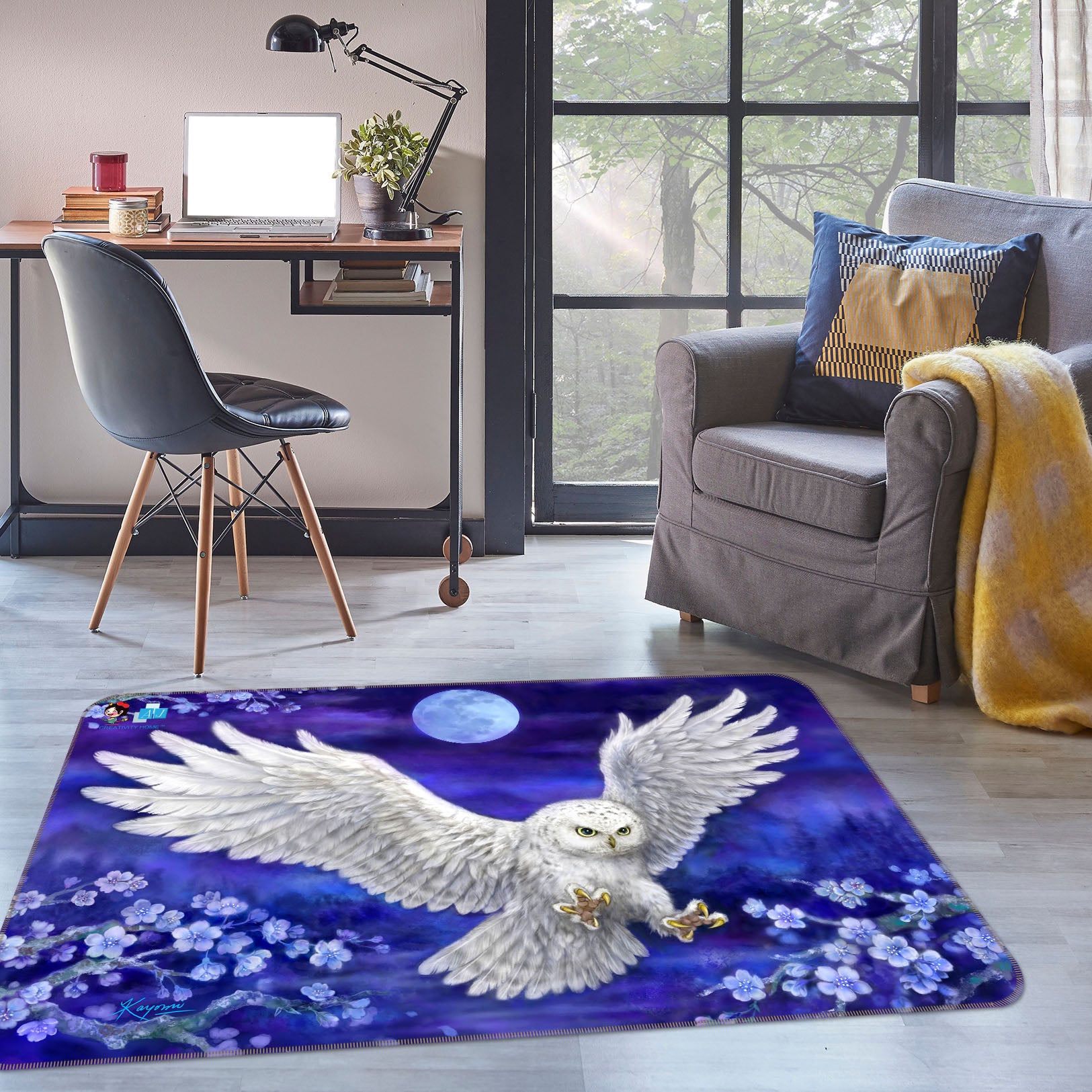 3D White Owl Moon 5651 Kayomi Harai Rug Non Slip Rug Mat