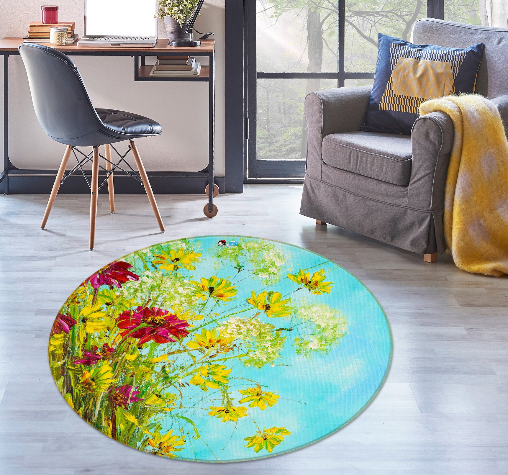 3D Yellow Flower 830 Skromova Marina Rug Round Non Slip Rug Mat