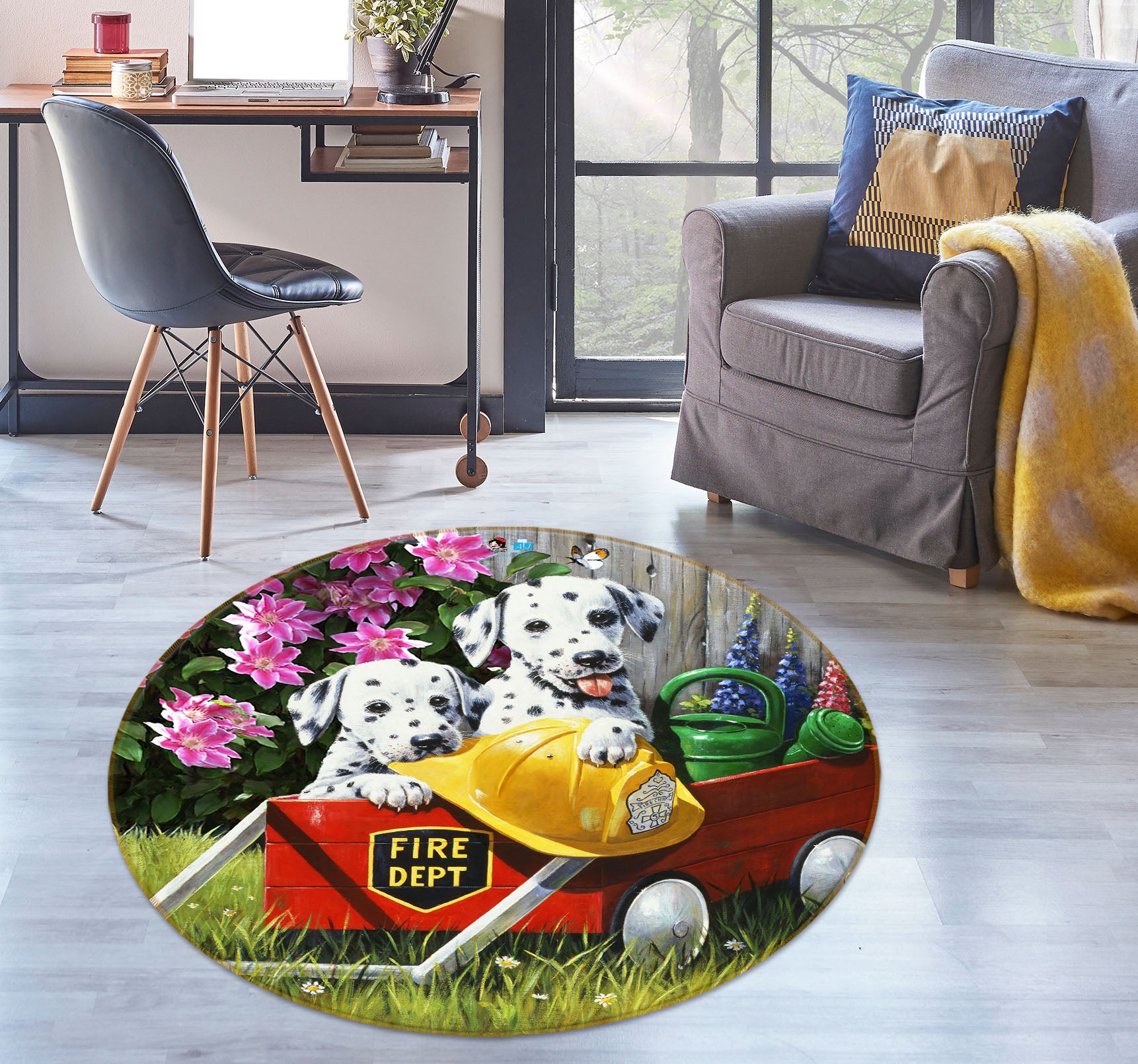 3D Dalmatian Flower 035 Kevin Walsh Rug Round Non Slip Rug Mat