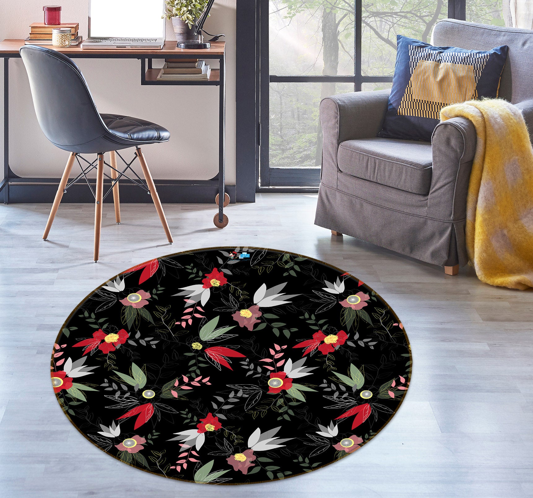 3D Flowers Pattern 104230 Kashmira Jayaprakash Rug Round Non Slip Rug Mat