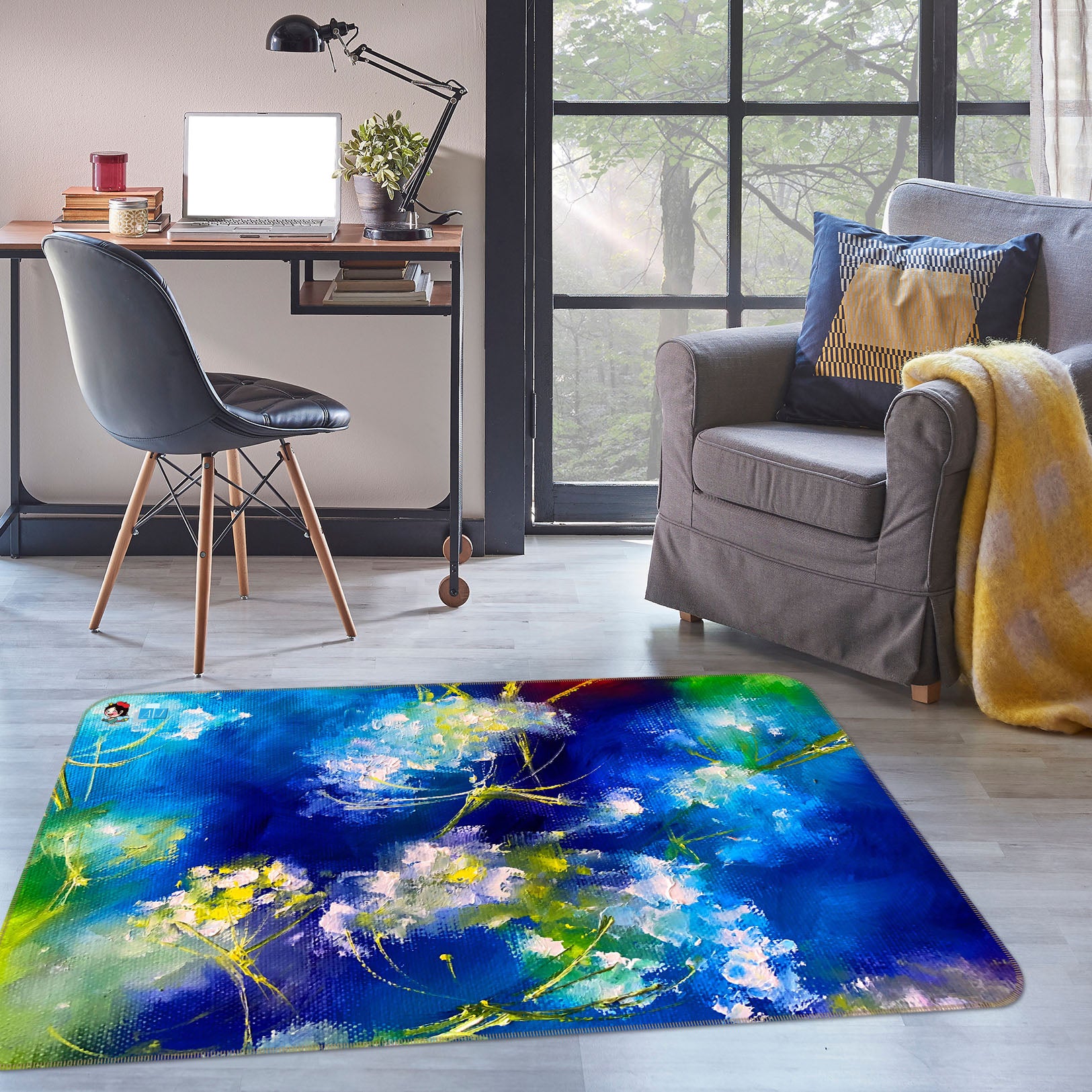 3D Blue Flower 1251 Skromova Marina Rug Non Slip Rug Mat