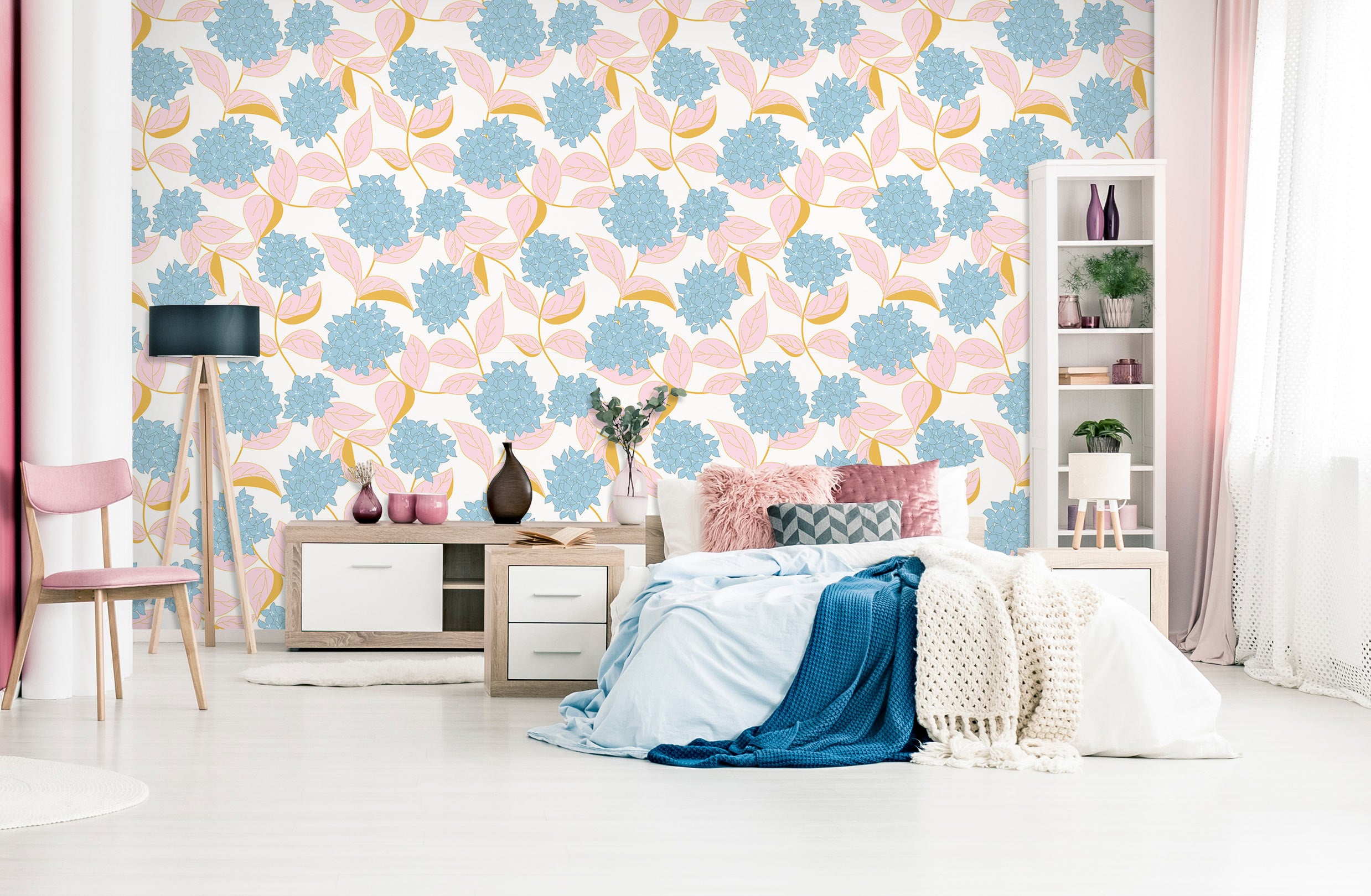 3D Blue Flowers Pink Leaves 12092 Kashmira Jayaprakash Wall Mural Wall Murals