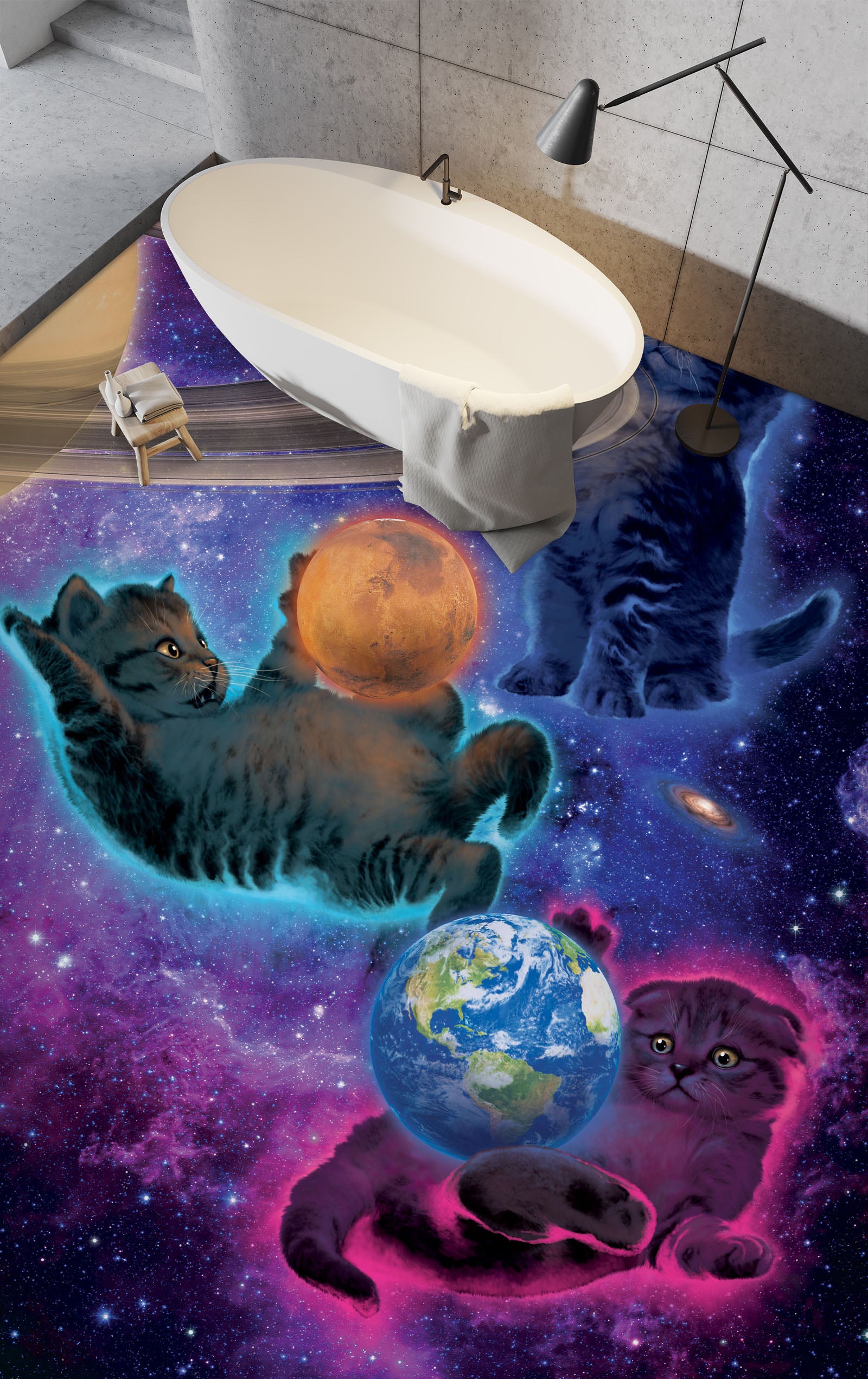3D Cat Space Planet 98177 Vincent Floor Mural  Wallpaper Murals Self-Adhesive Removable Print Epoxy