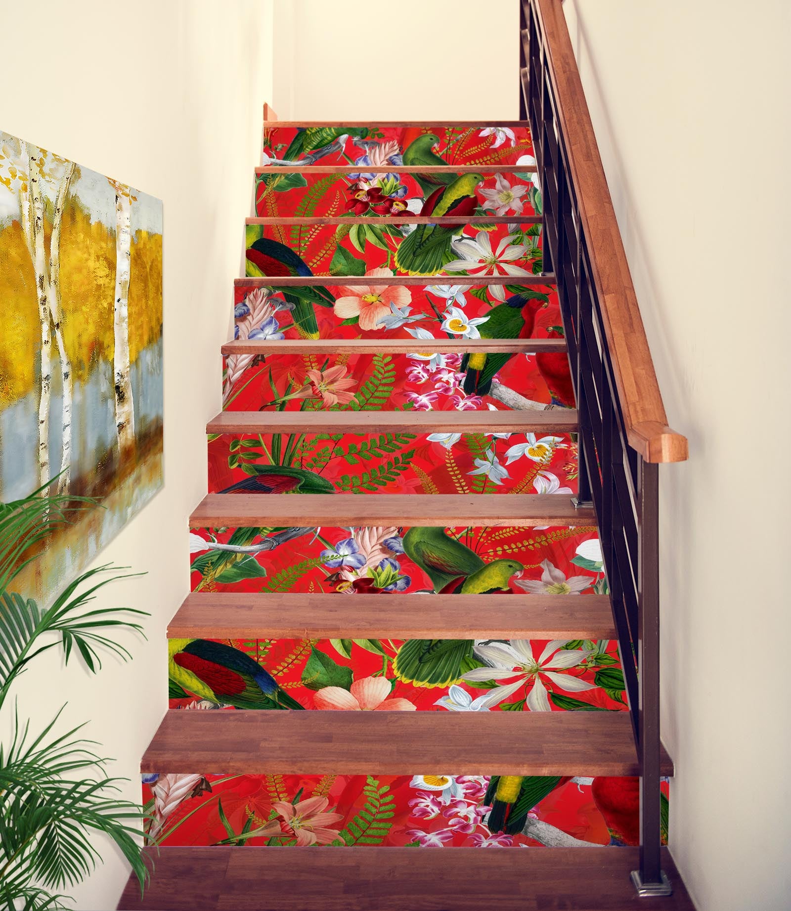 3D Green Bird Red Flowers 103225 Uta Naumann Stair Risers