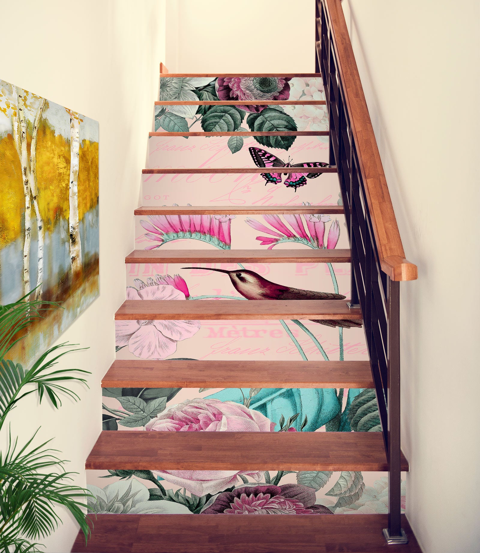 3D Pink Flower Bird 10489 Andrea Haase Stair Risers