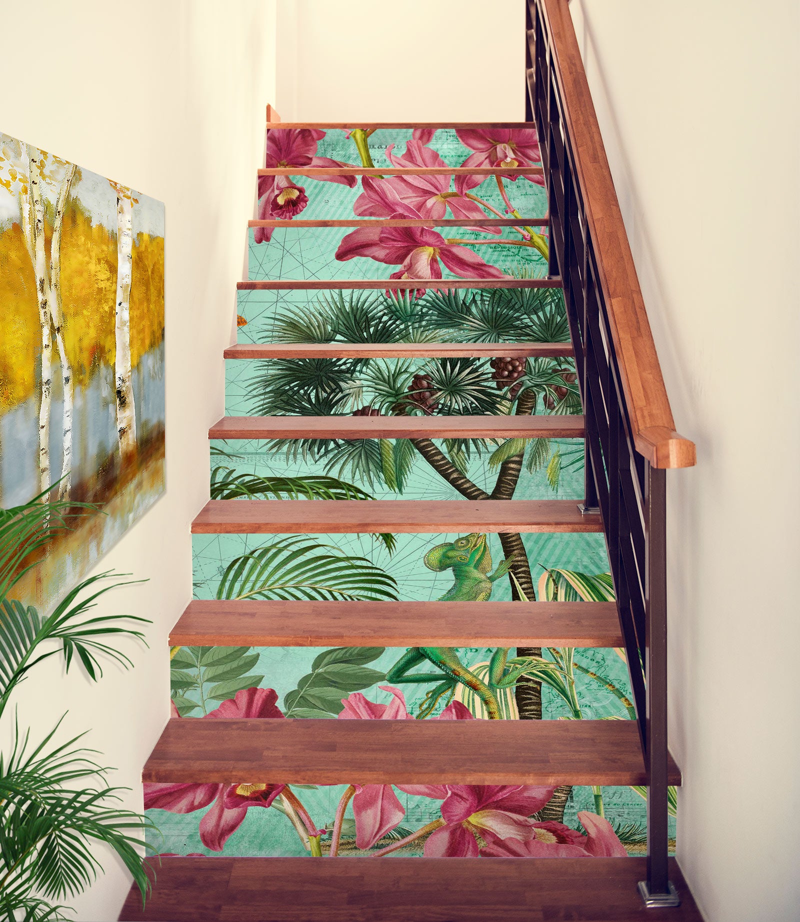 3D Green Leaves Pink Flowers 104116 Andrea Haase Stair Risers