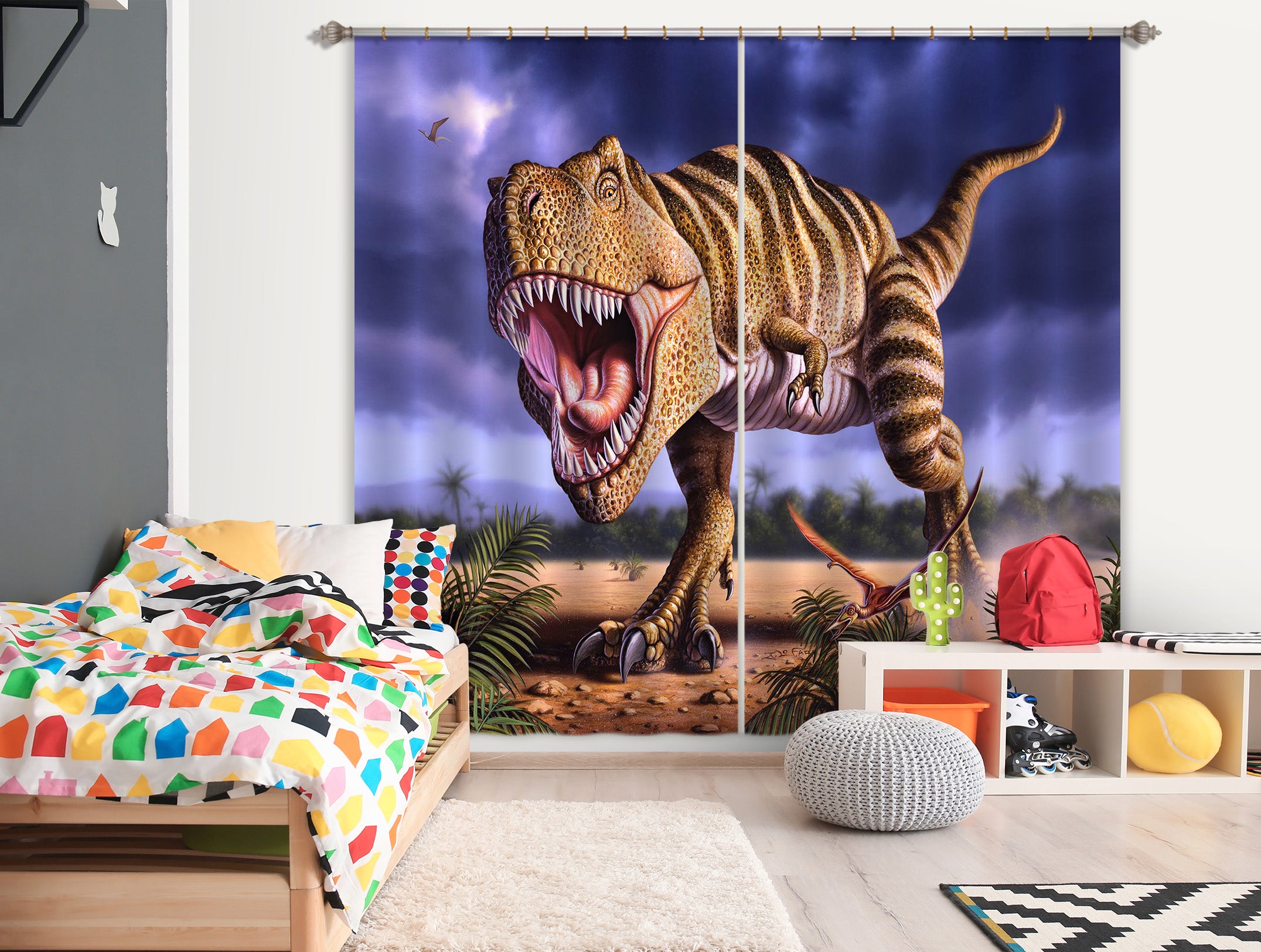 3D Fierce Dinosaur 056 Jerry LoFaro Curtain Curtains Drapes