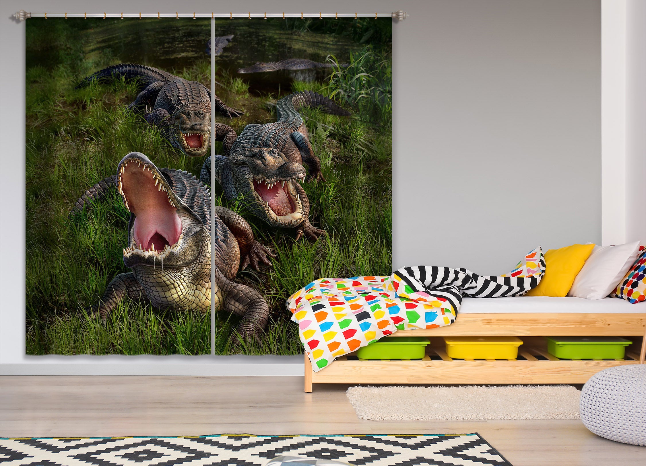 3D Fierce Crocodile 042 Jerry LoFaro Curtain Curtains Drapes