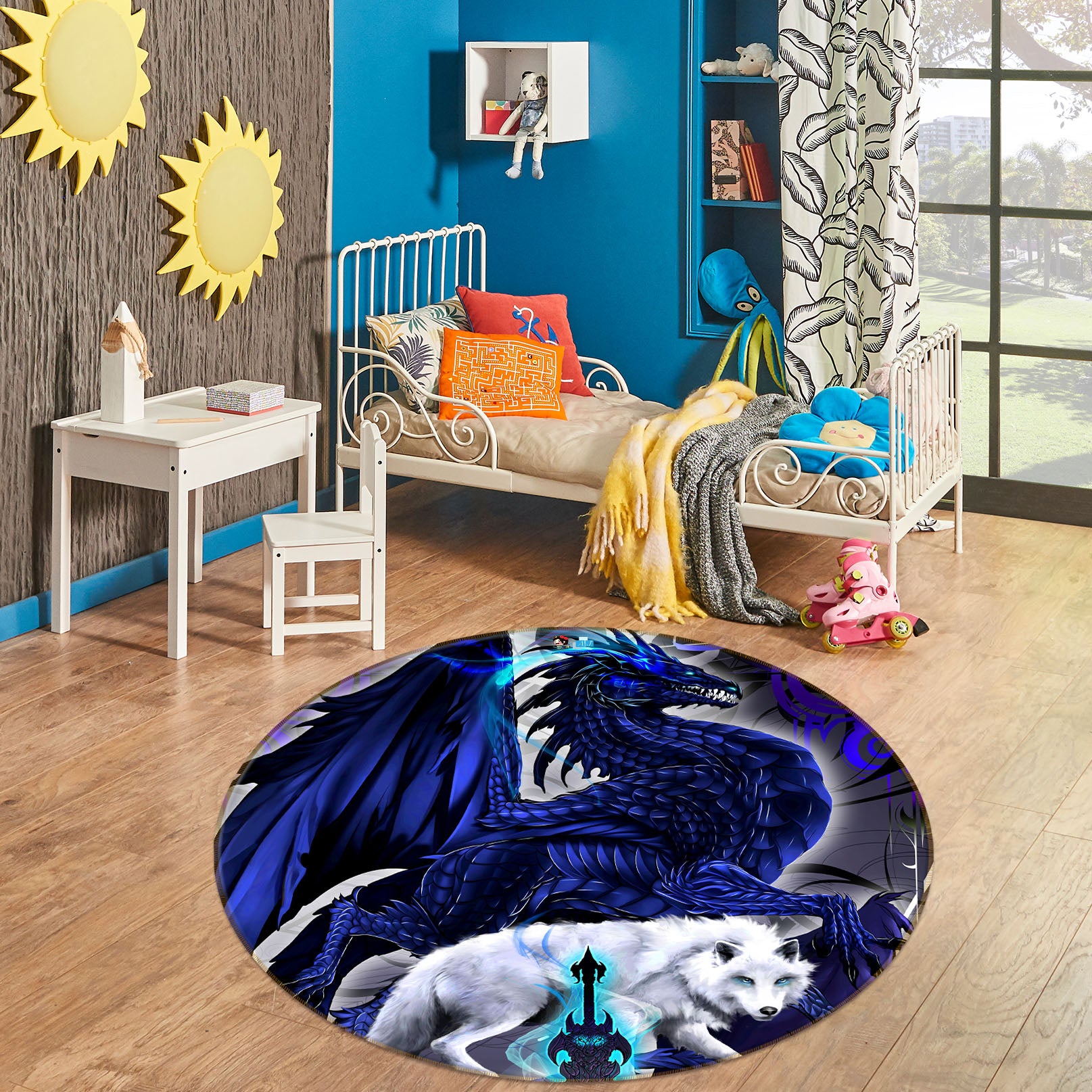 3D Dragon Wolf 8363 Ruth Thompson Rug Round Non Slip Rug Mat