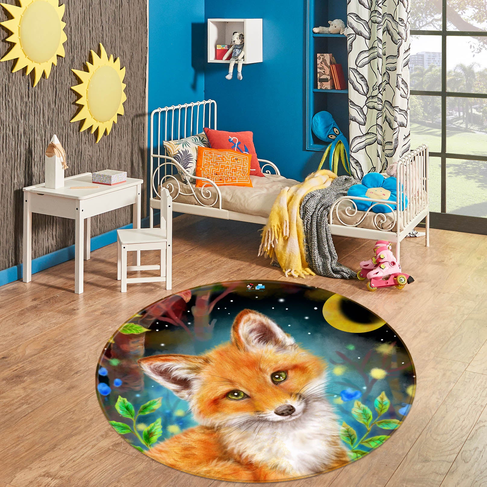 3D Orange Fox Moon 6027 Kayomi Harai Rug Round Non Slip Rug Mat